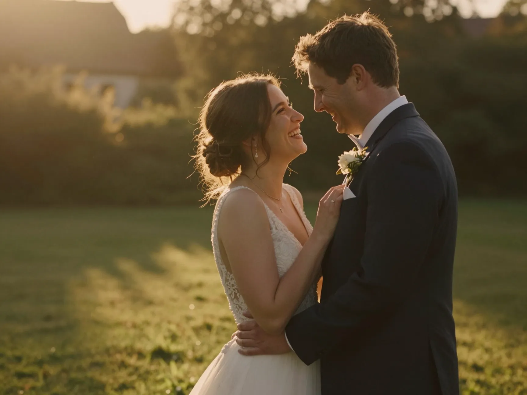 Bride and groom sharing a private joyful moment during golden hour