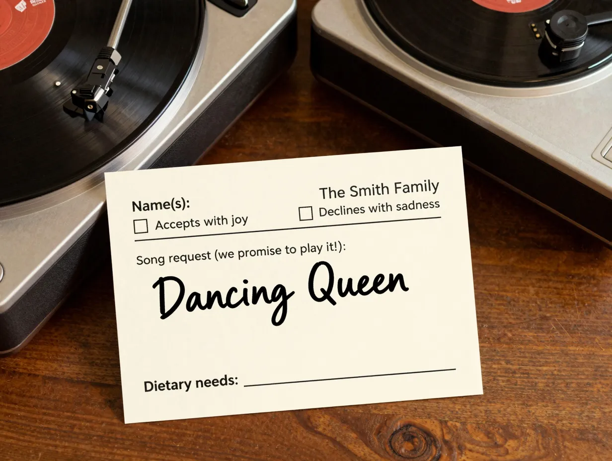 Interactive song request rsvp card with a handwritten song title