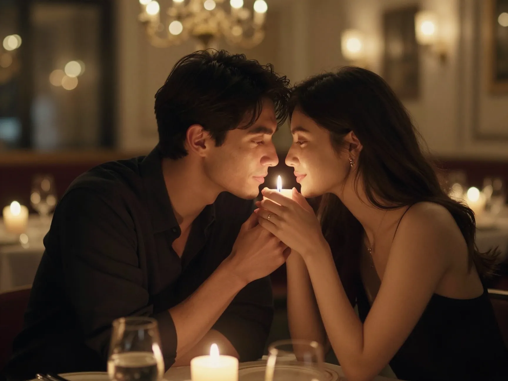 Intimate candlelit portrait couple upscale restaurant dining room