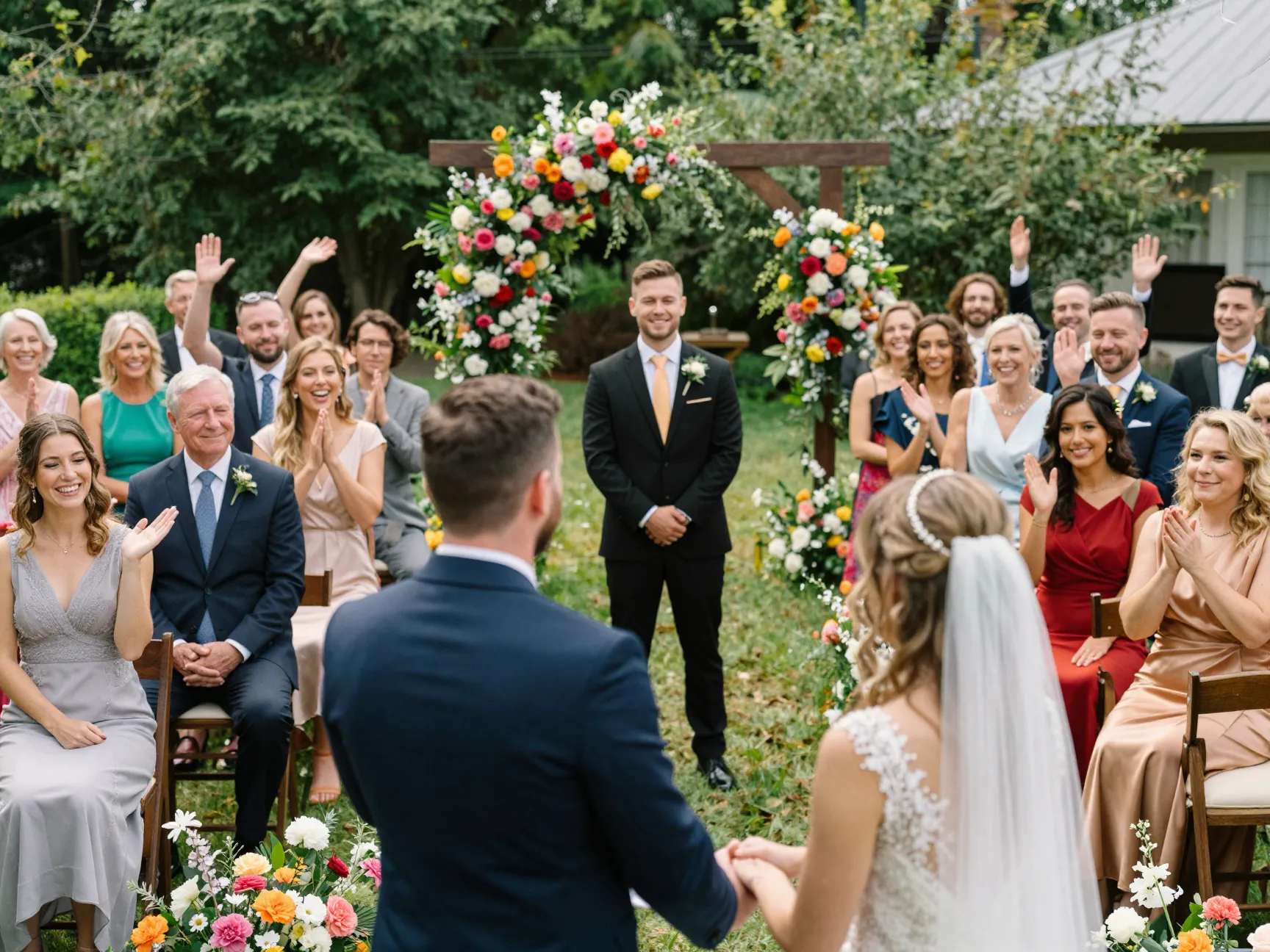 Officiant leading a community vow moment with gathered guests