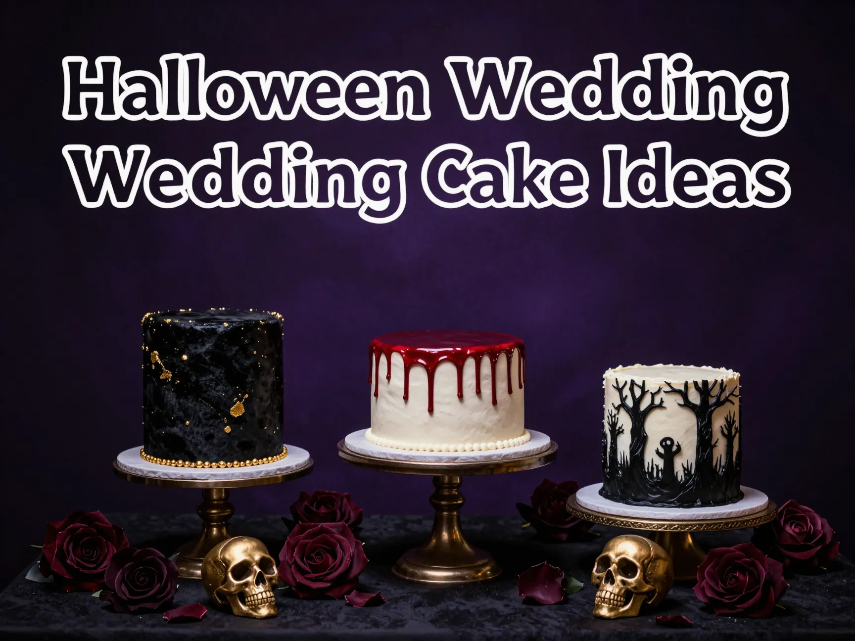 Black velvet blood drip haunted forest three tier halloween cake collage