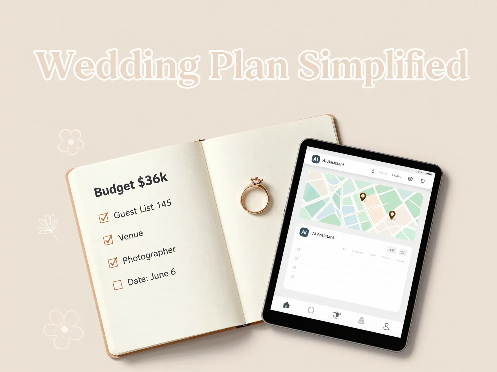 Essential wedding planning flatlay with checklist ring and tablet