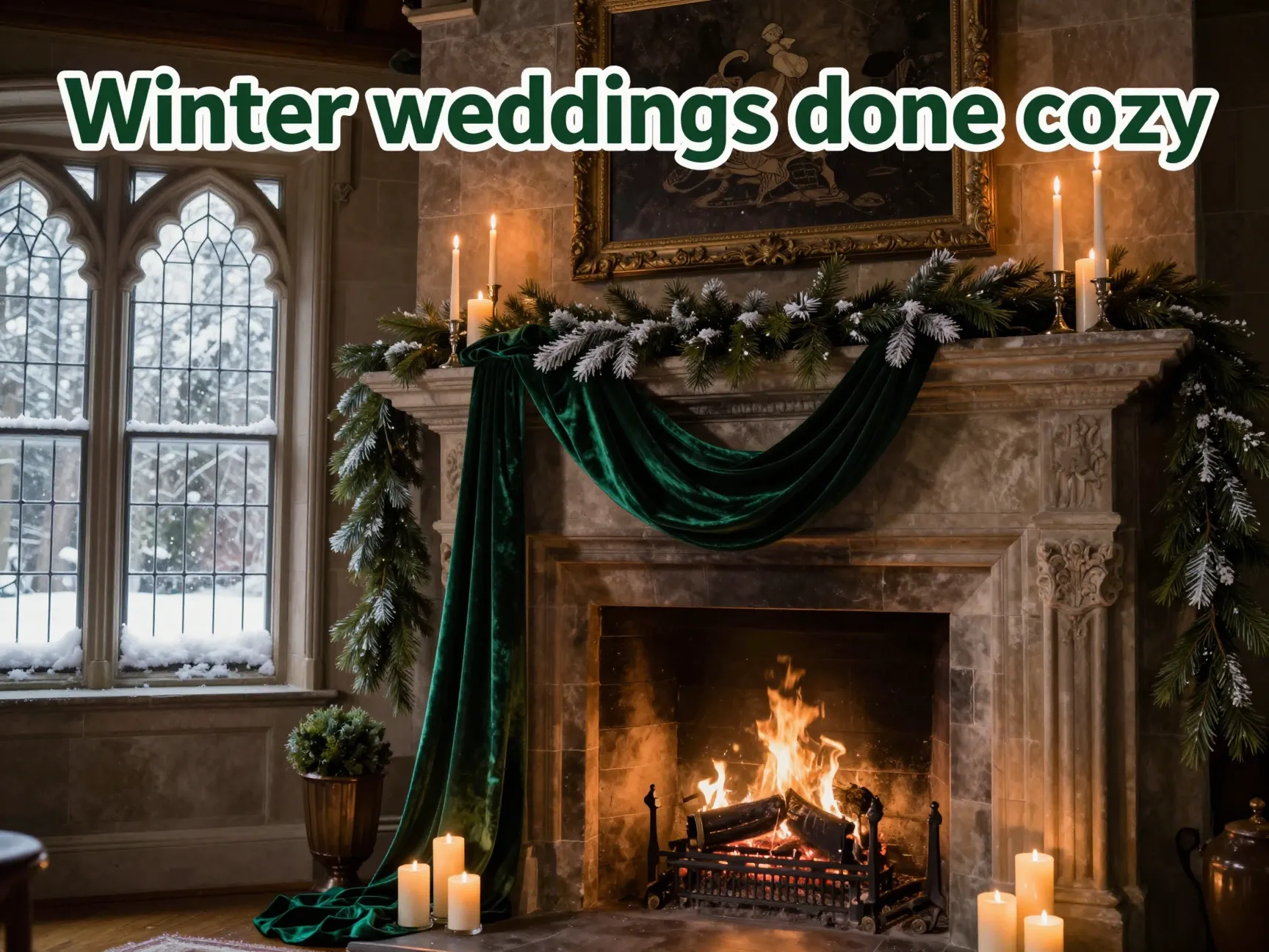 Grand fireplace emerald velvet candles snowy window winter wedding