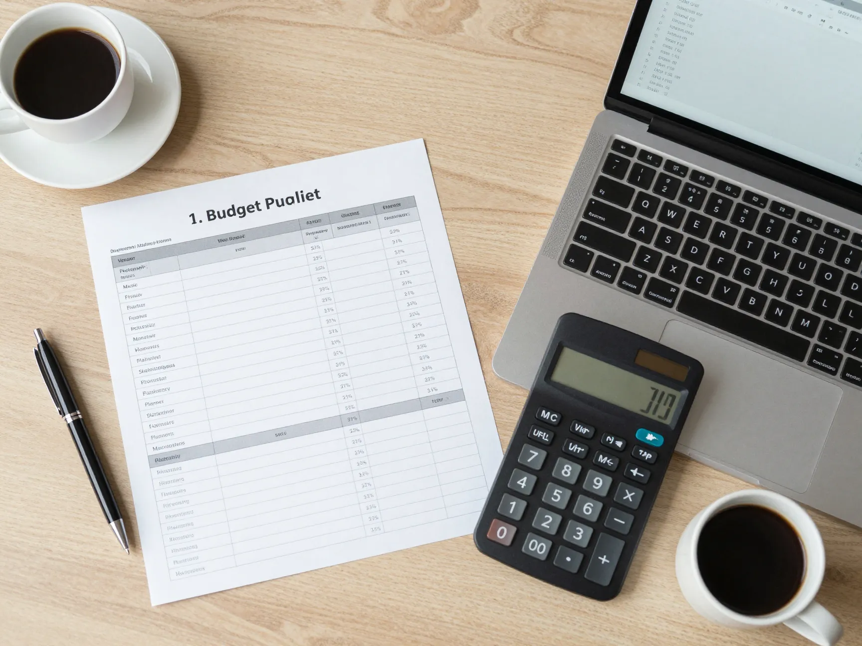 Budget planning spreadsheet pen calculator and laptop on table