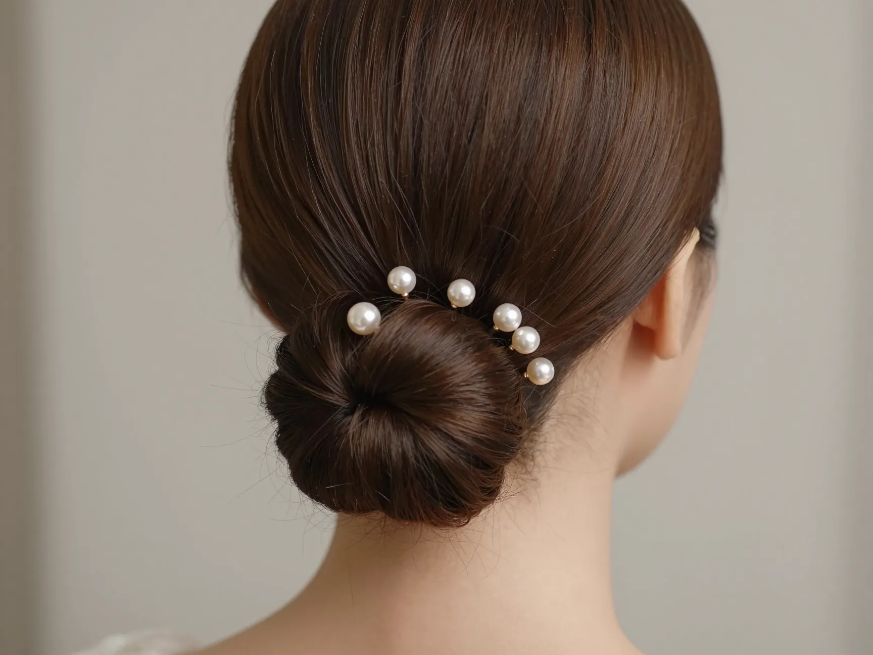 Elegant off center chignon with pearl pins at formal event