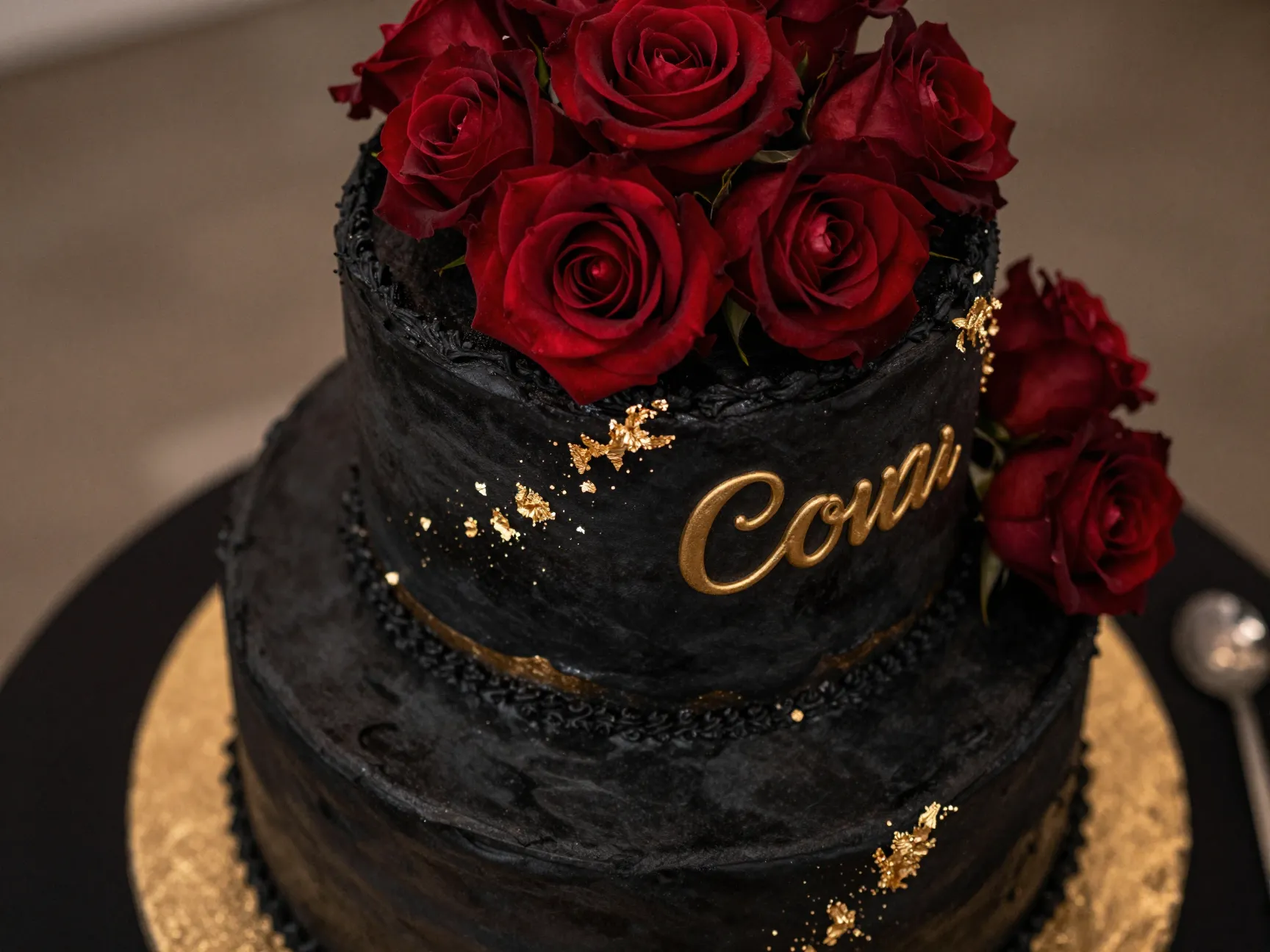 Gothic black velvet wedding cake with gold accents and deep red roses