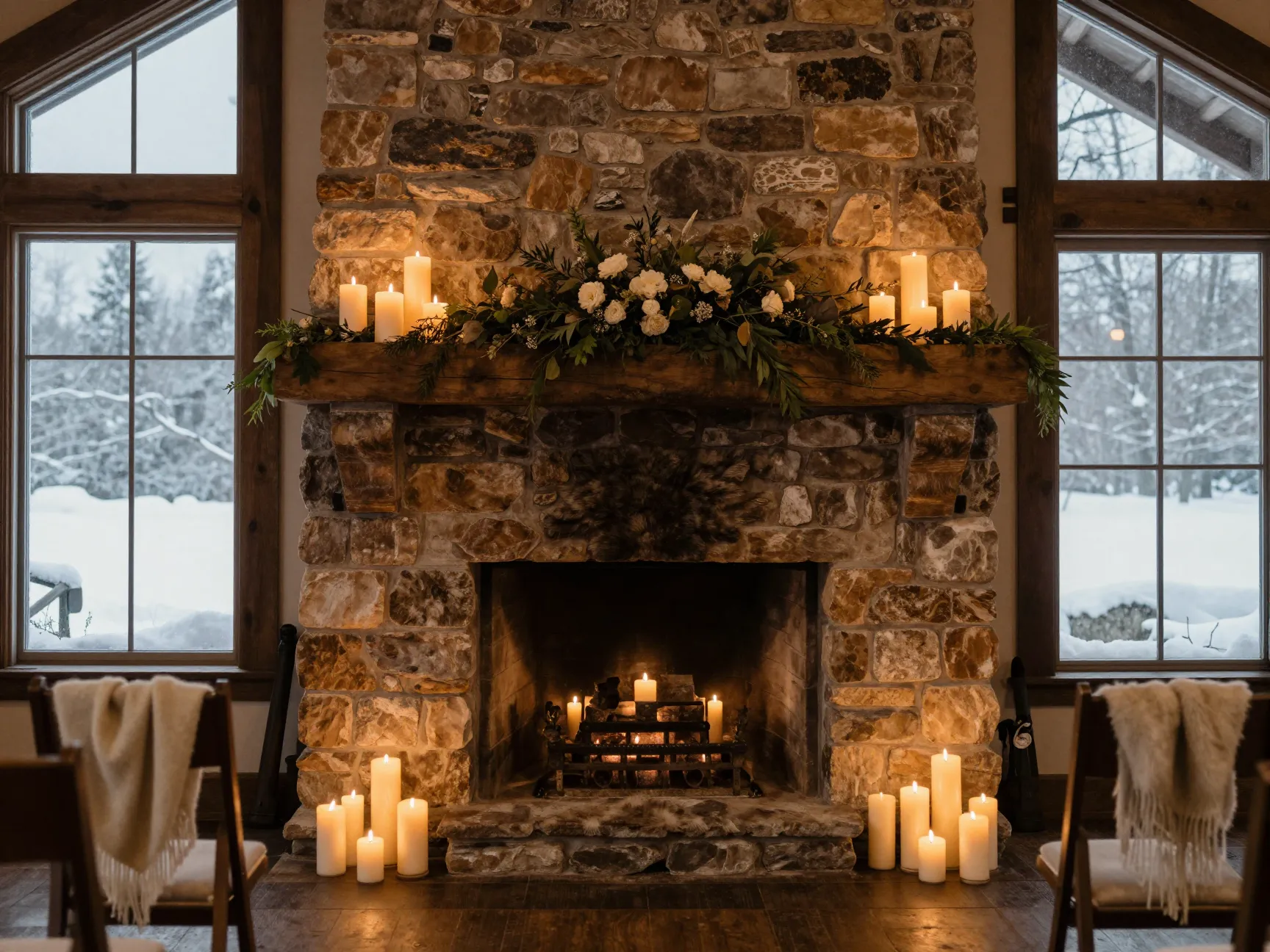 Stone fireplace with candles and layered textures as ceremony focal point