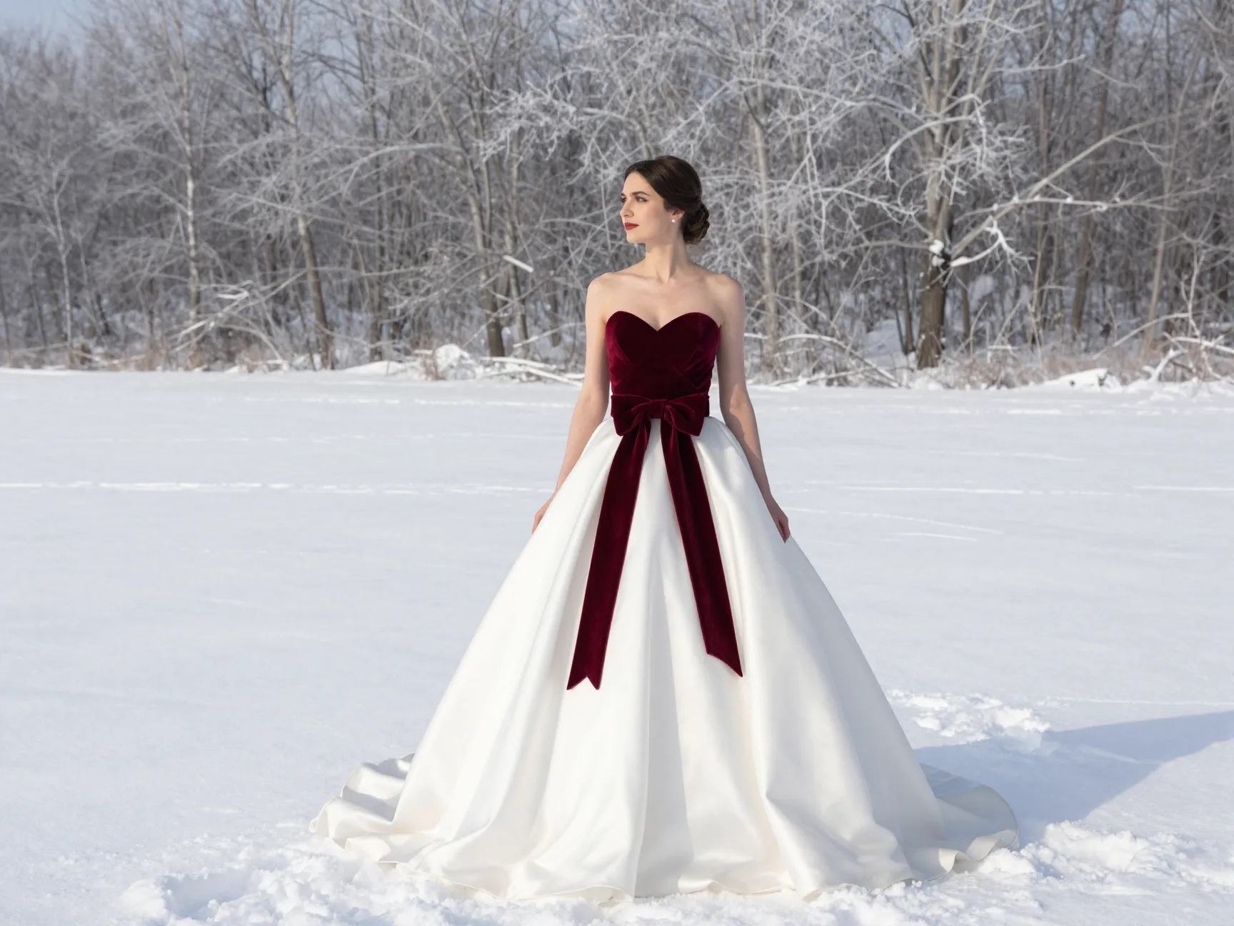 Burgundy velvet bride with sash in snowy field jewel tones