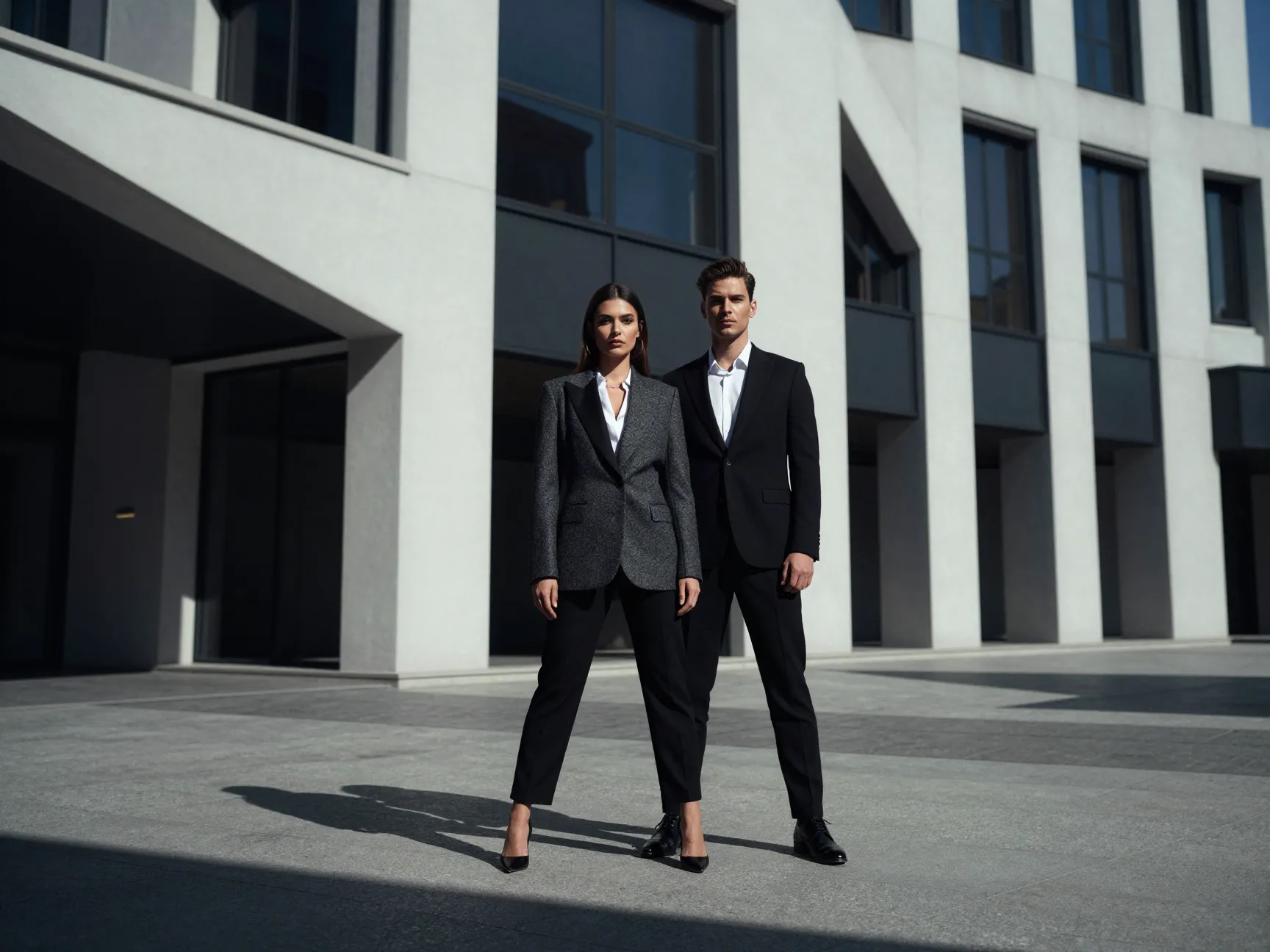 Editorial engagement photo fashion couple dramatic urban architecture