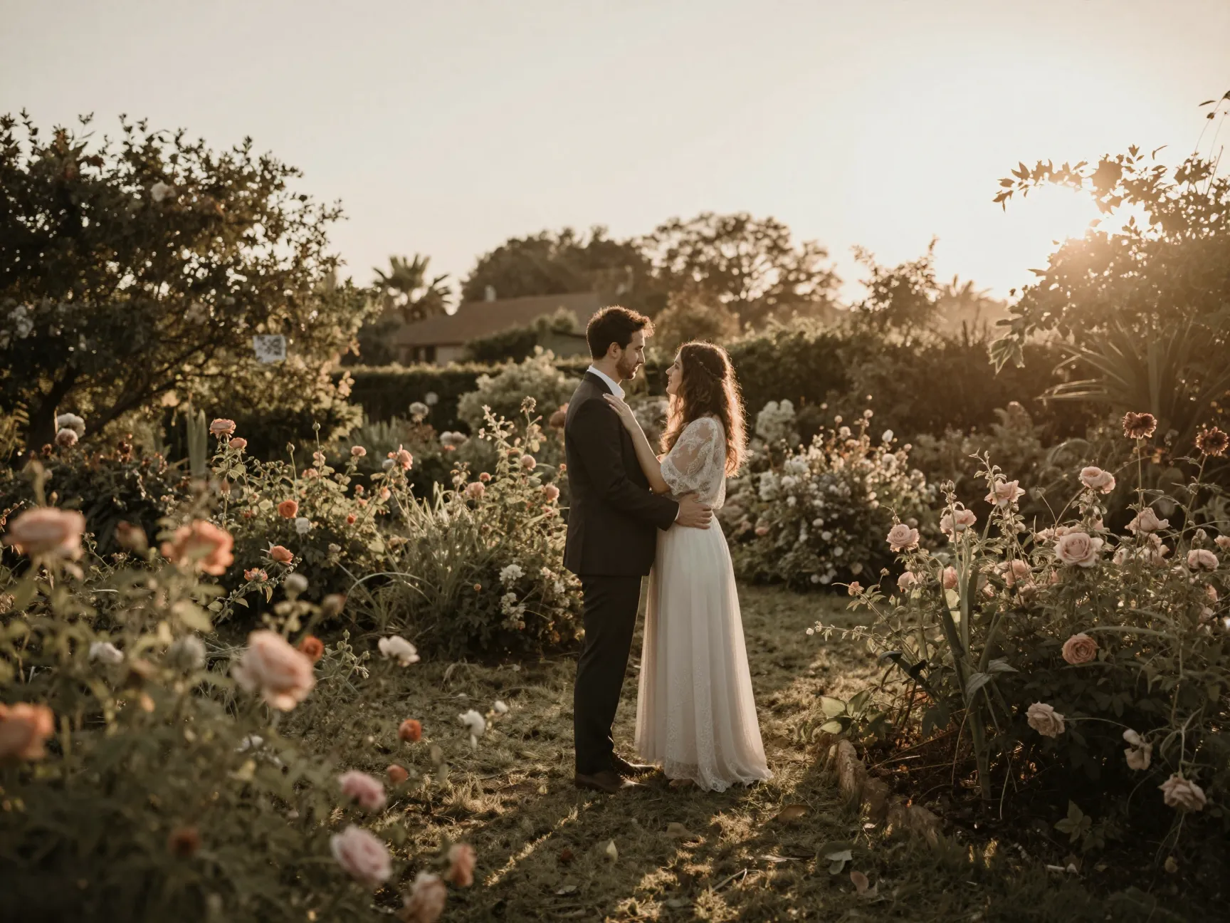 Softly muted color photo warm romantic garden wedding invitation