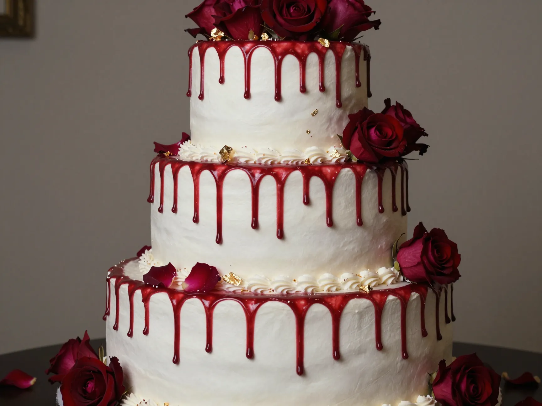 White tiered wedding cake with dripping blood red ganache and edible roses