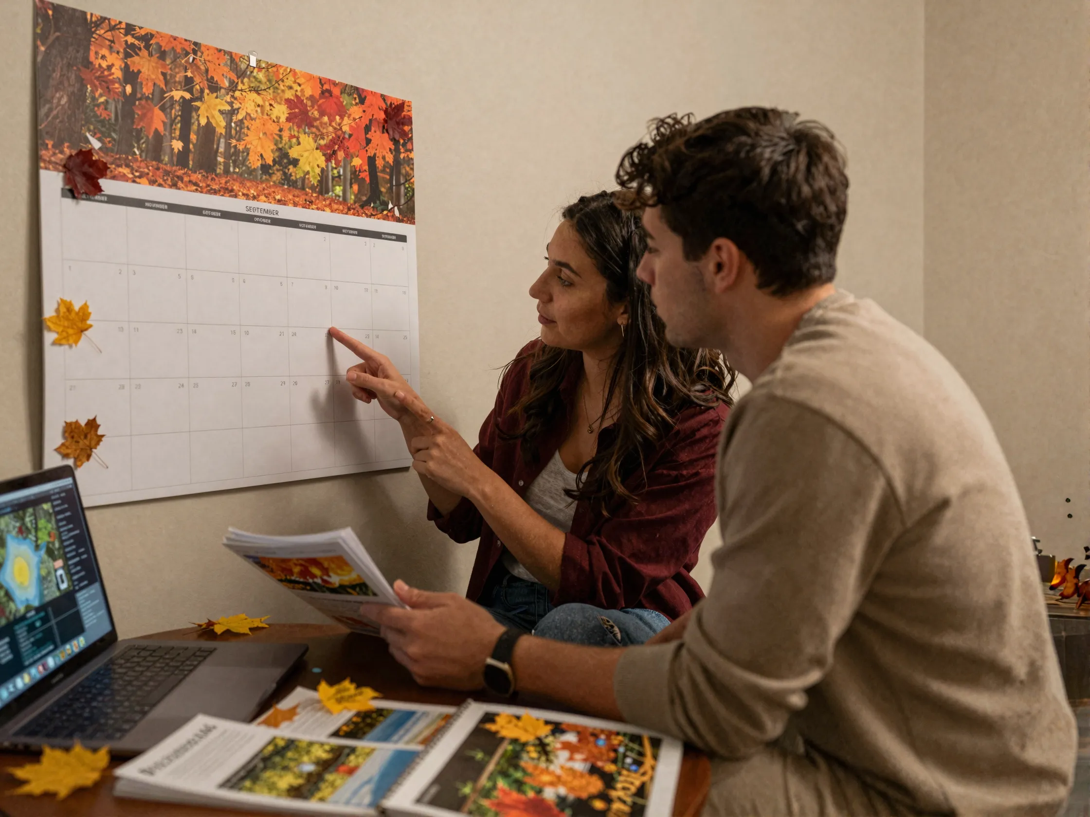 Couple discussing calendar with fall leaves and venue brochures