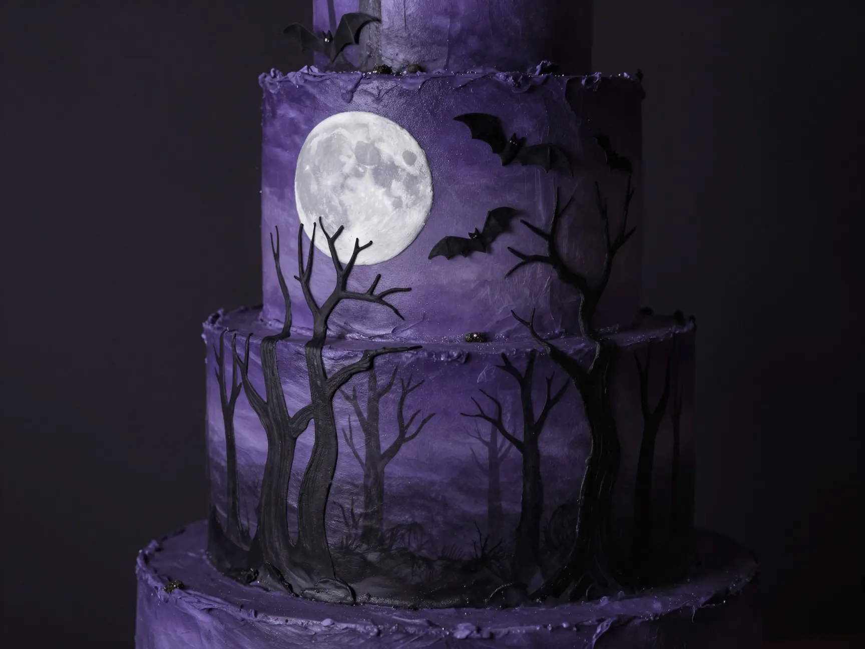 Hand painted haunted forest silhouette cake with bats and full moon