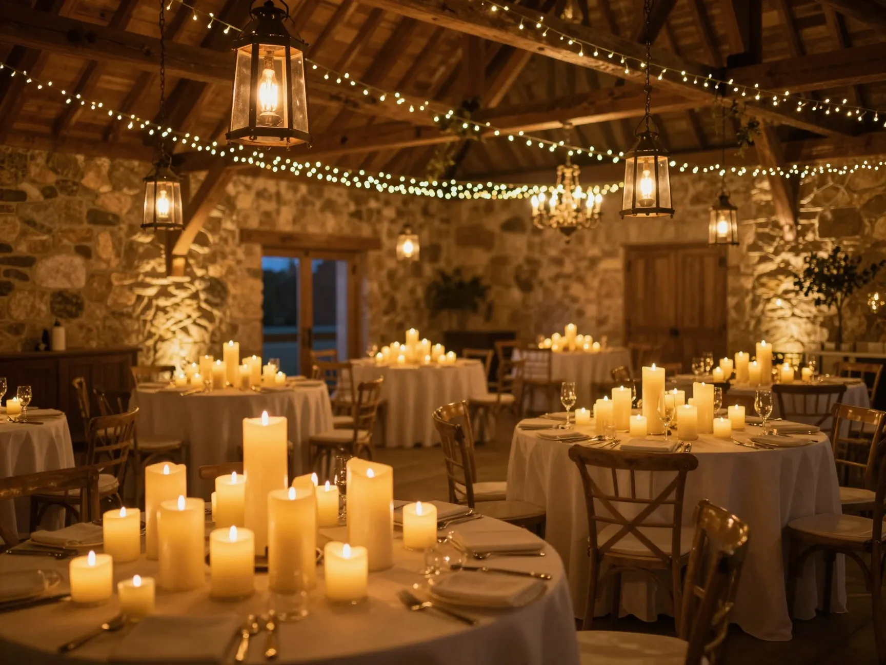 Layered atmospheric lighting with candles lanterns and string lights