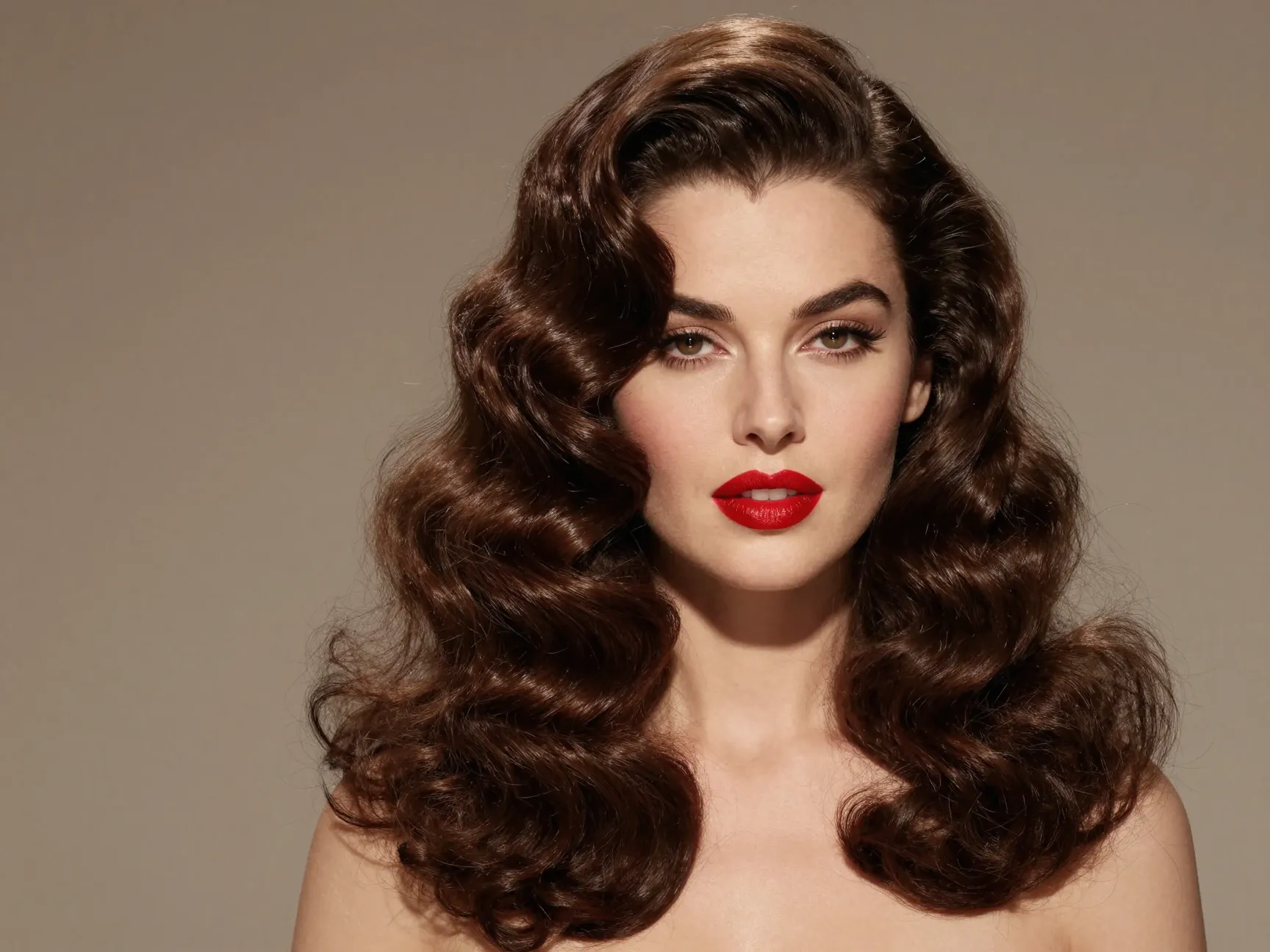 Voluminous glossy hollywood curls swept to one side