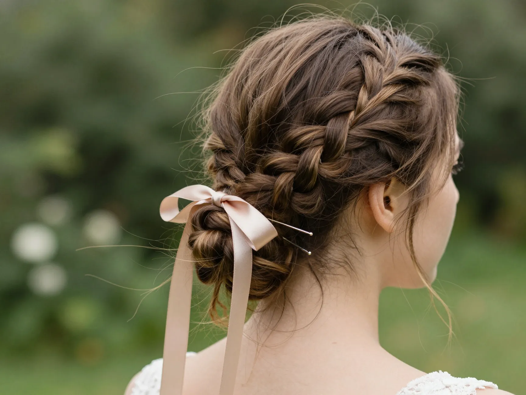 Braided updo with satin ribbon woven through outdoor garden