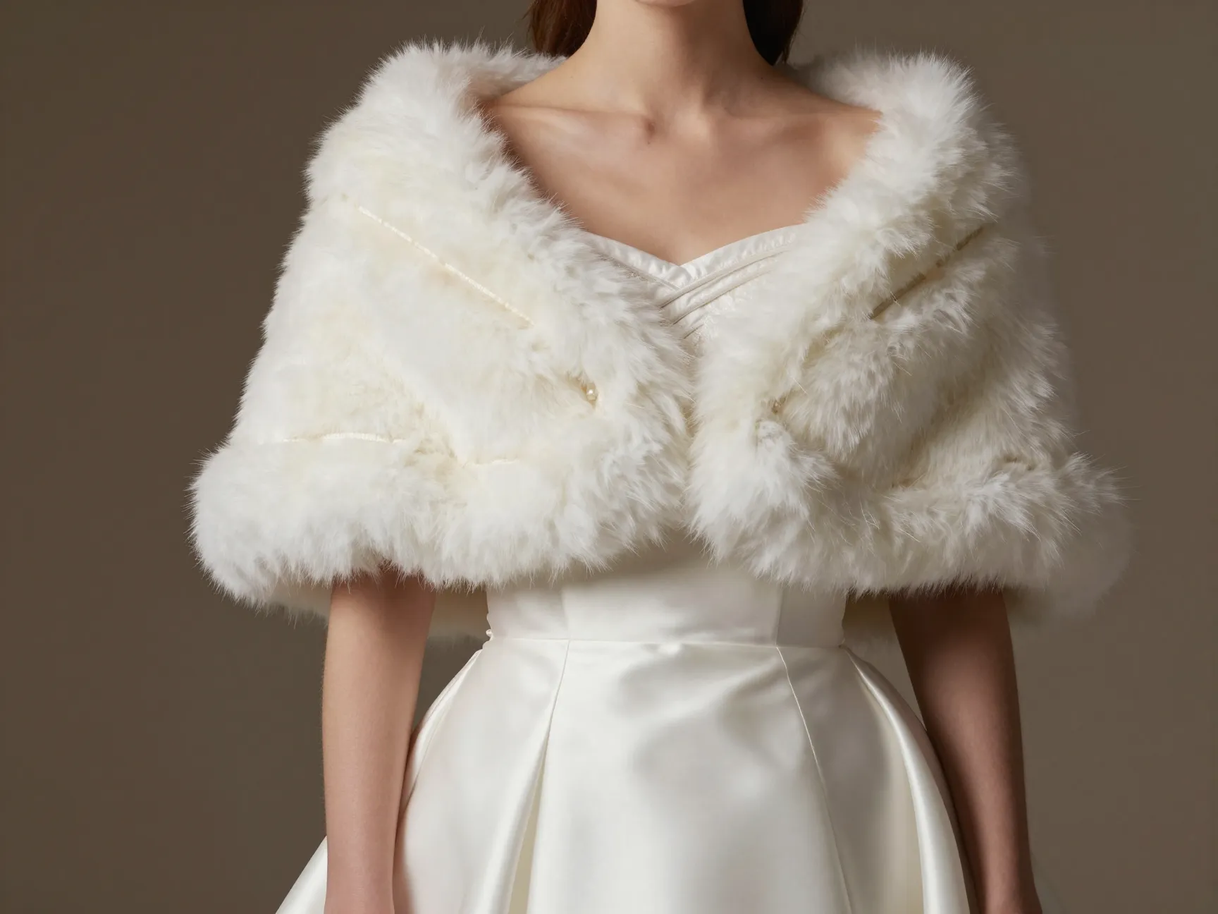 Bride in satin gown with faux fur wrap and velvet accents