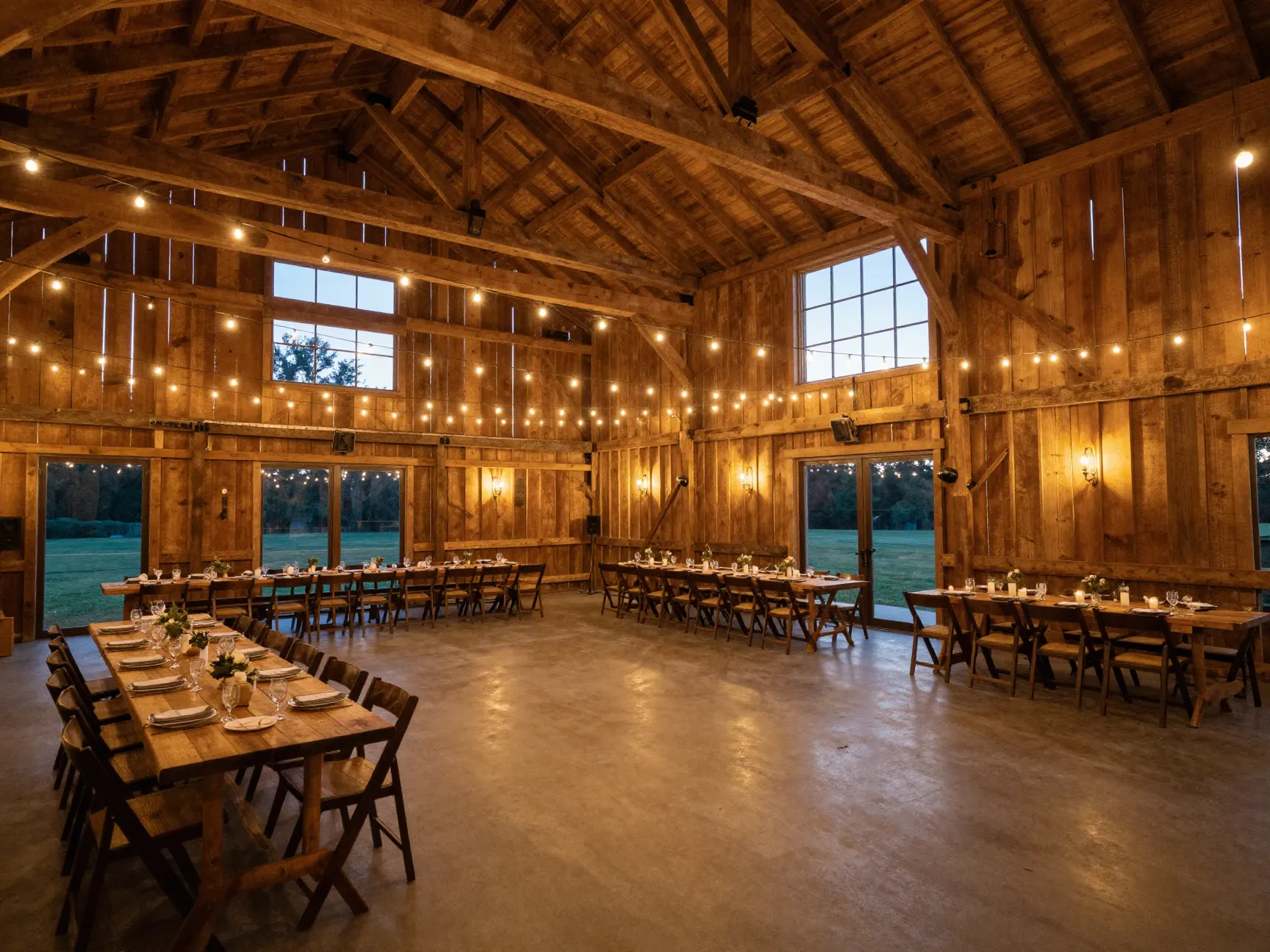 Elegant barn wedding venue with string lights and empty tables