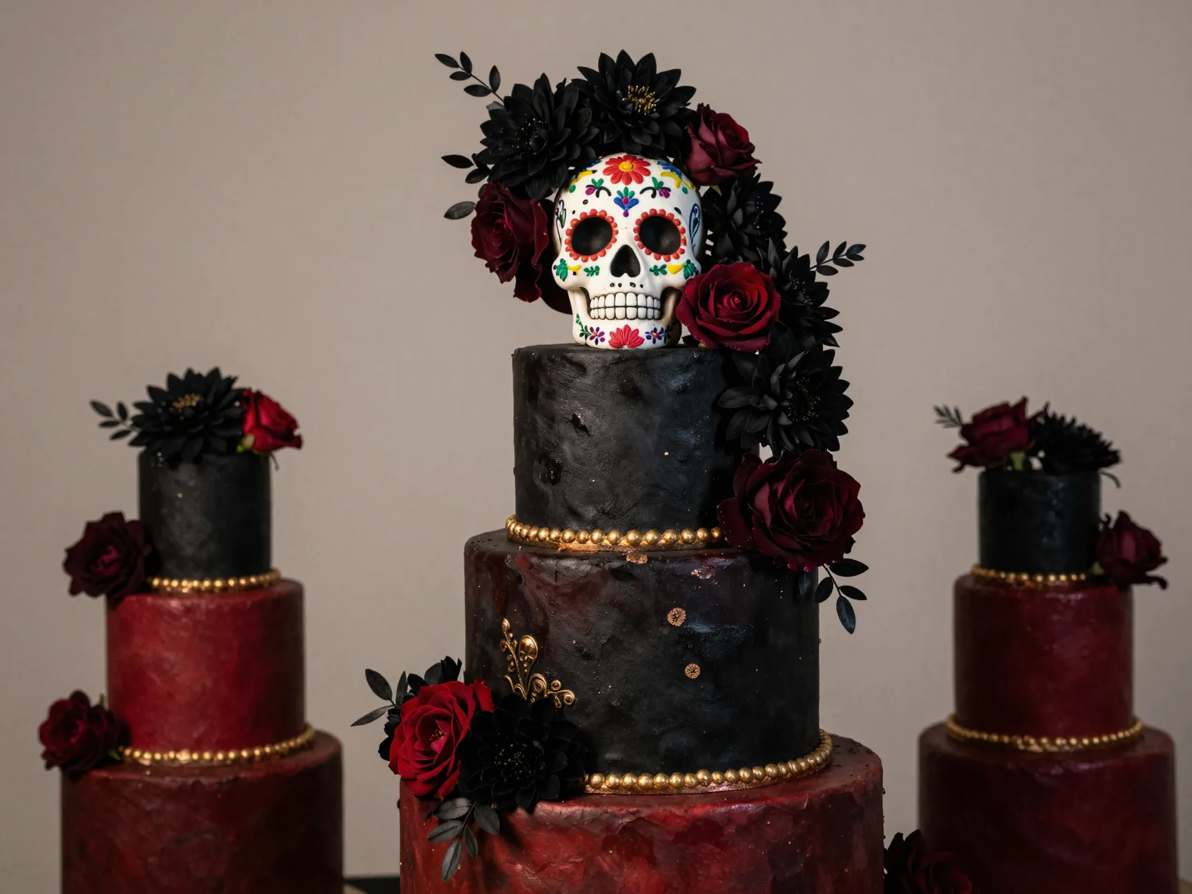 Wedding cake with sugar skull and dark floral arrangement in black and crimson