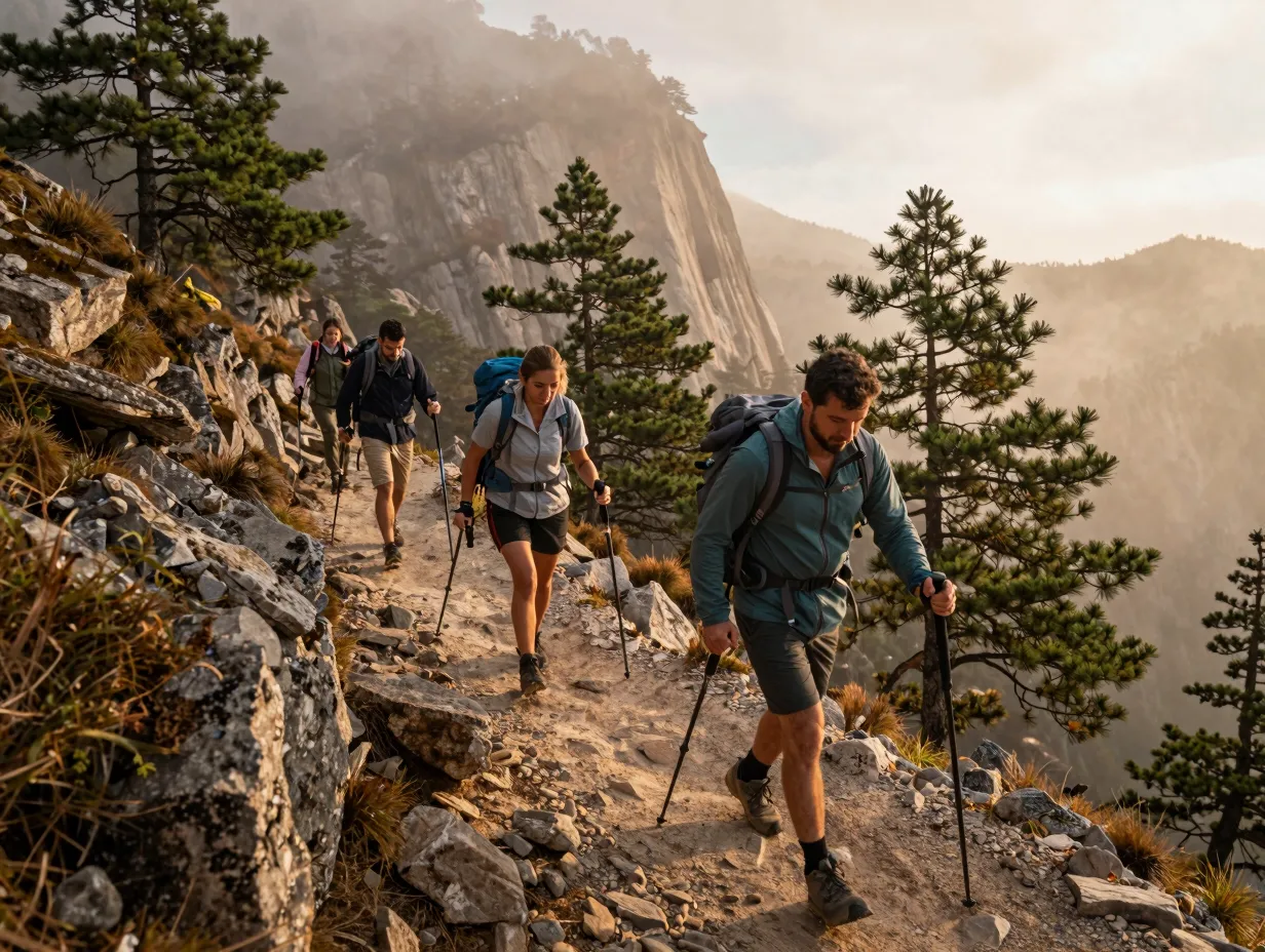 Adventure engagement couple hiking mountain trail dynamic movement