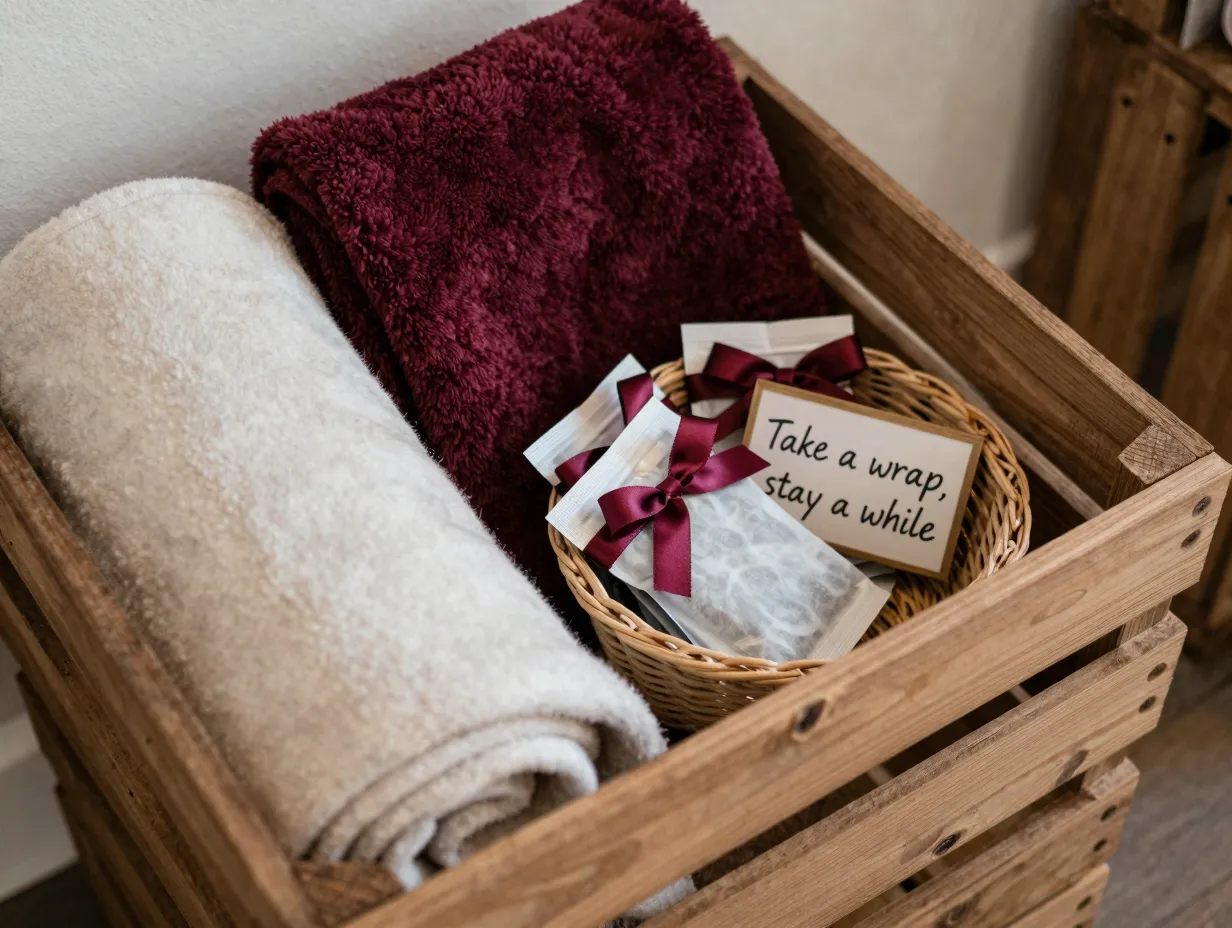 Cozy blanket and hand warmer station in wooden crate basket