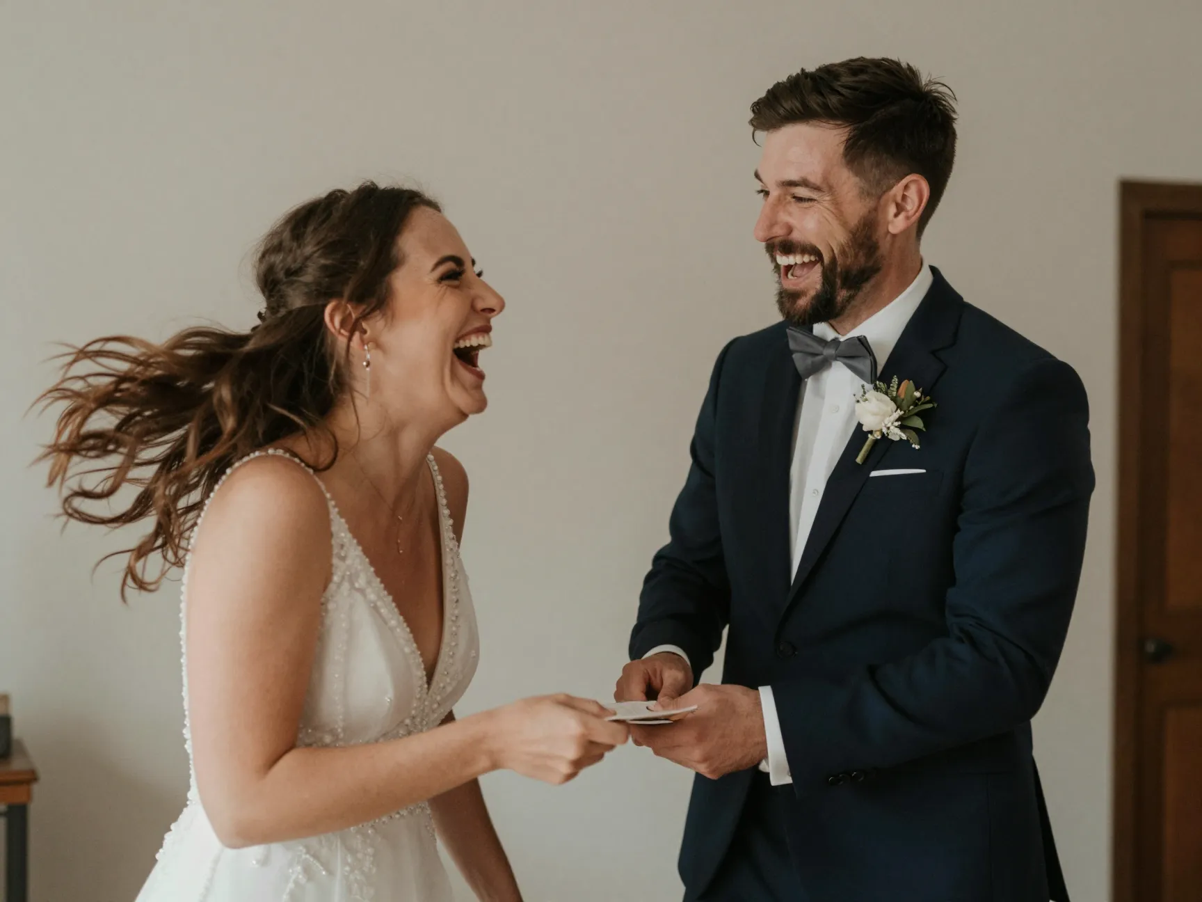 Candid moment capture spontaneous emotional relaxed wedding invitation