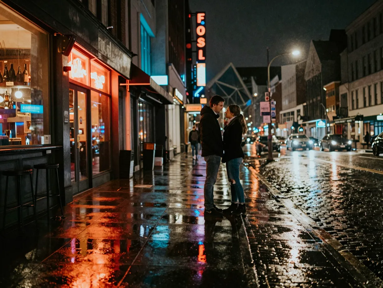 Urban engagement couple neon sign reflection city street night