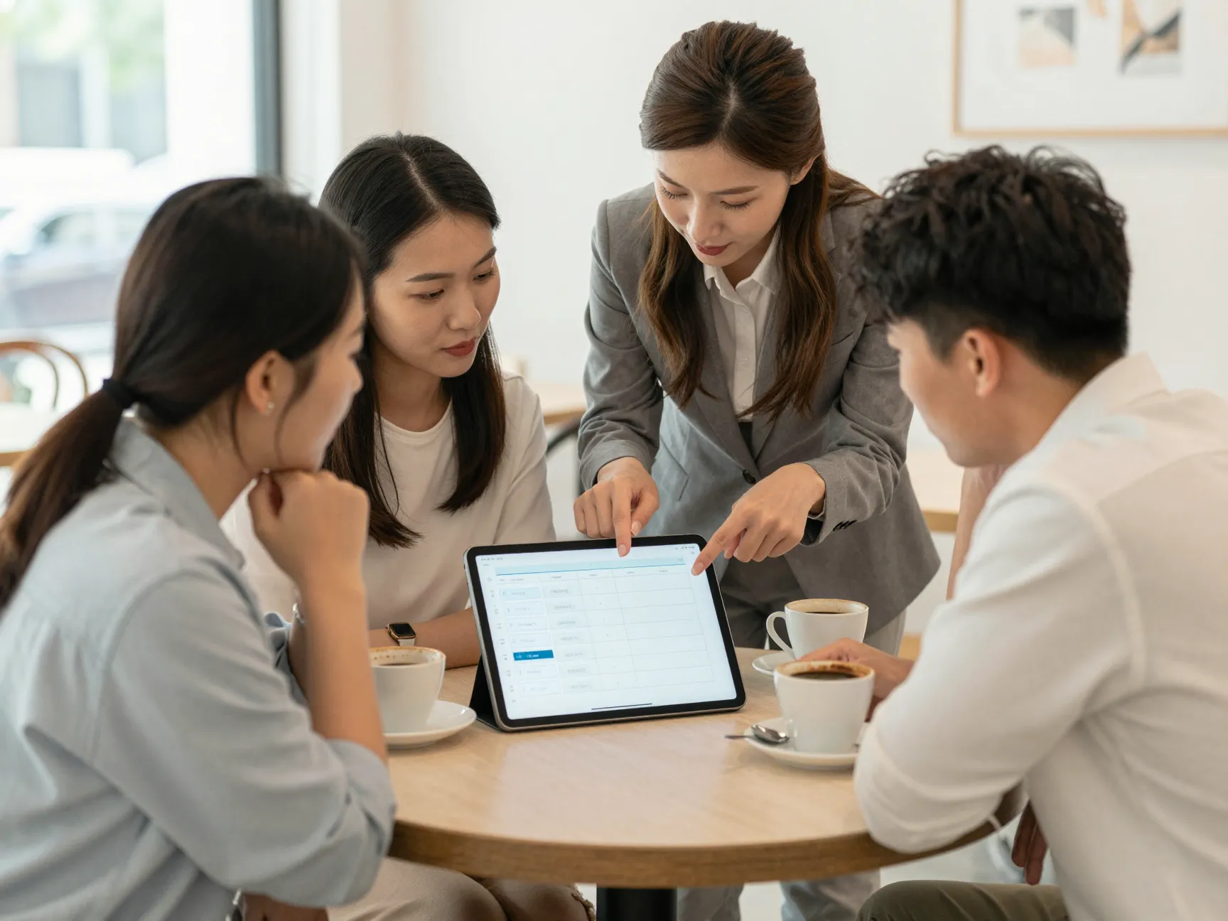 Wedding planner discussing timeline with couple over tablet