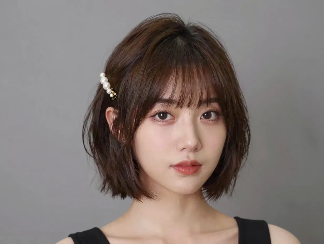 Feathered bob with soft bangs and pearl clip for cocktail event