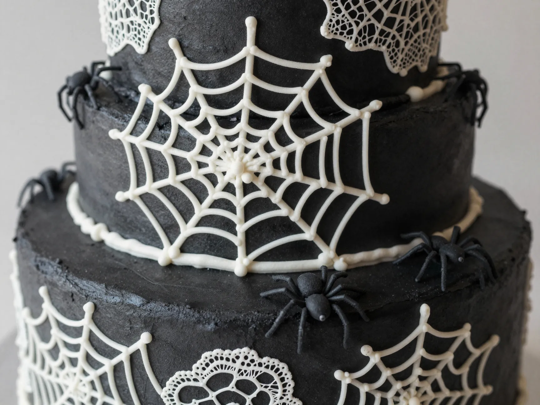 Intricate spider web and lace cake with piped cobwebs and sugar spiders