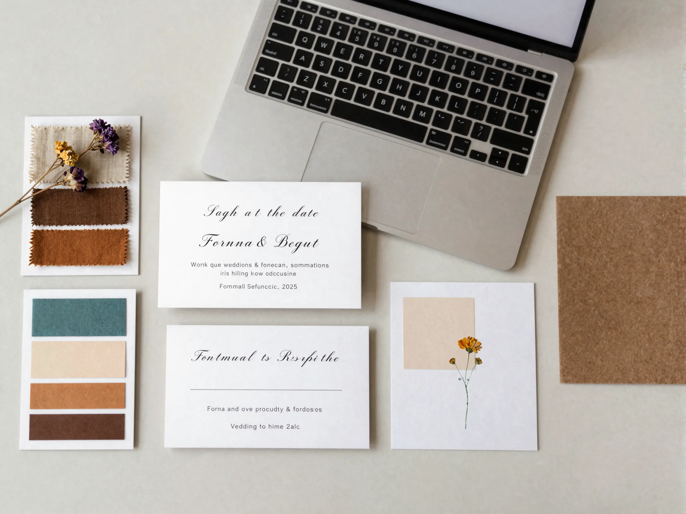 Wedding invitation suite with mood board and color swatches