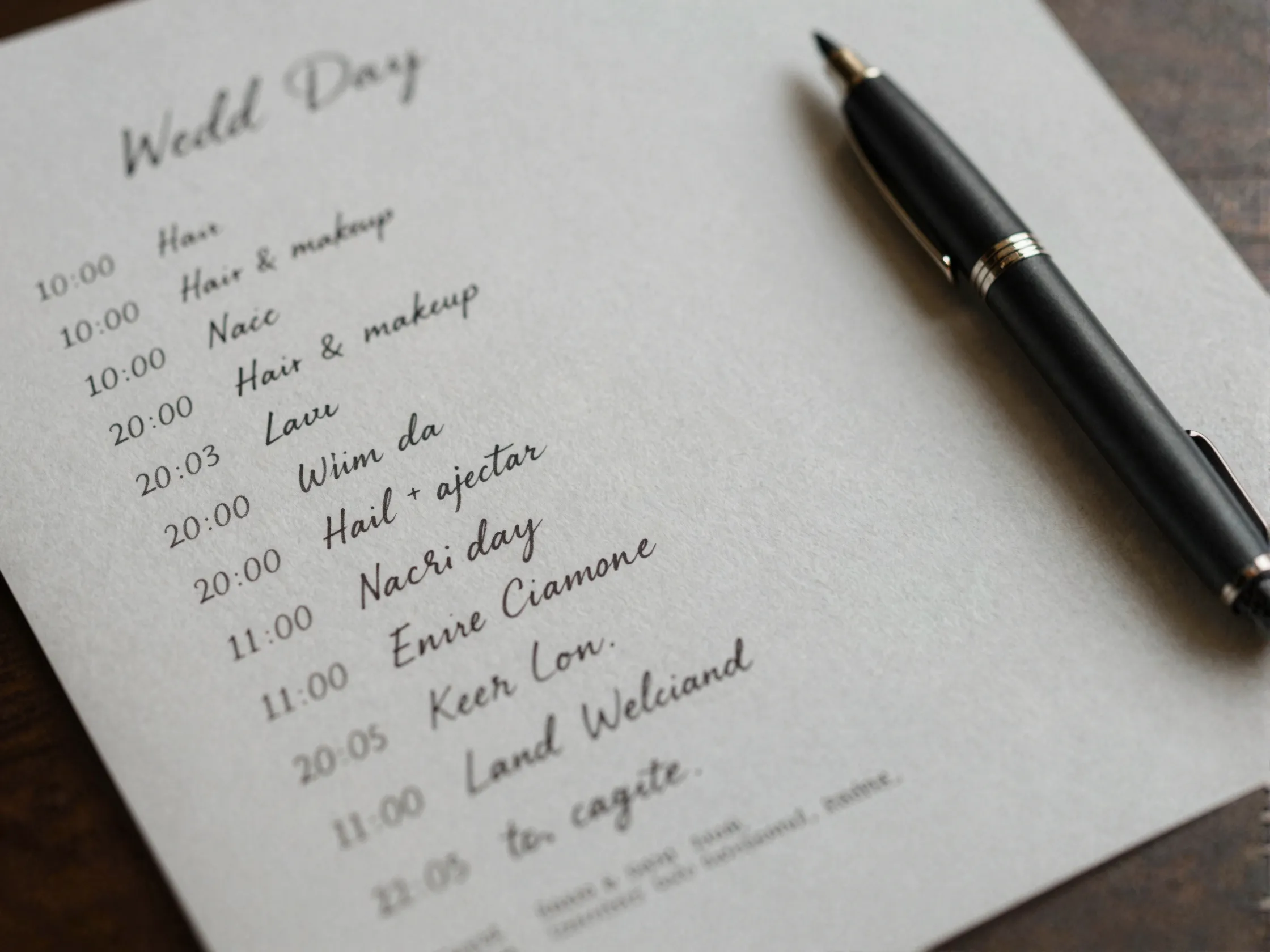 Detailed handwritten wedding day timeline on paper
