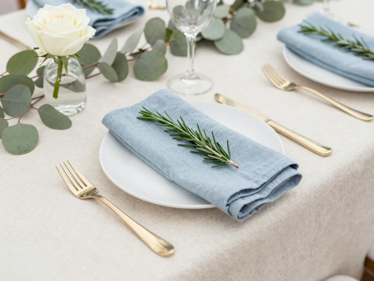 Natural winter palette table with ivory linens and frost blue accents