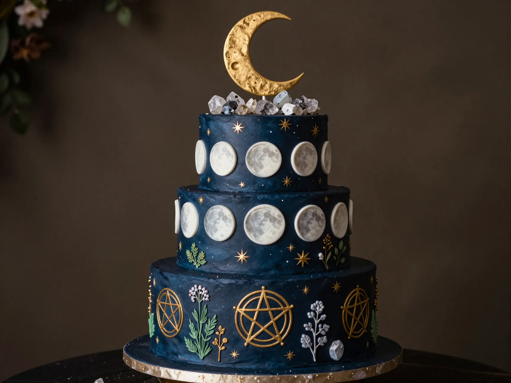Celestial witch wedding cake with moon phases and botanical illustrations