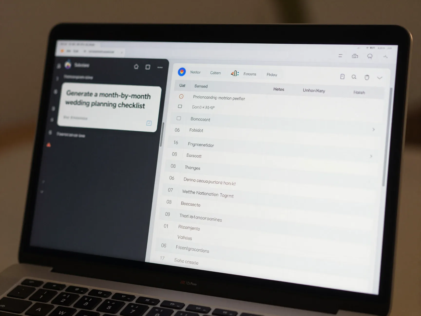 Laptop screen showing ai chatbot and wedding planning checklist