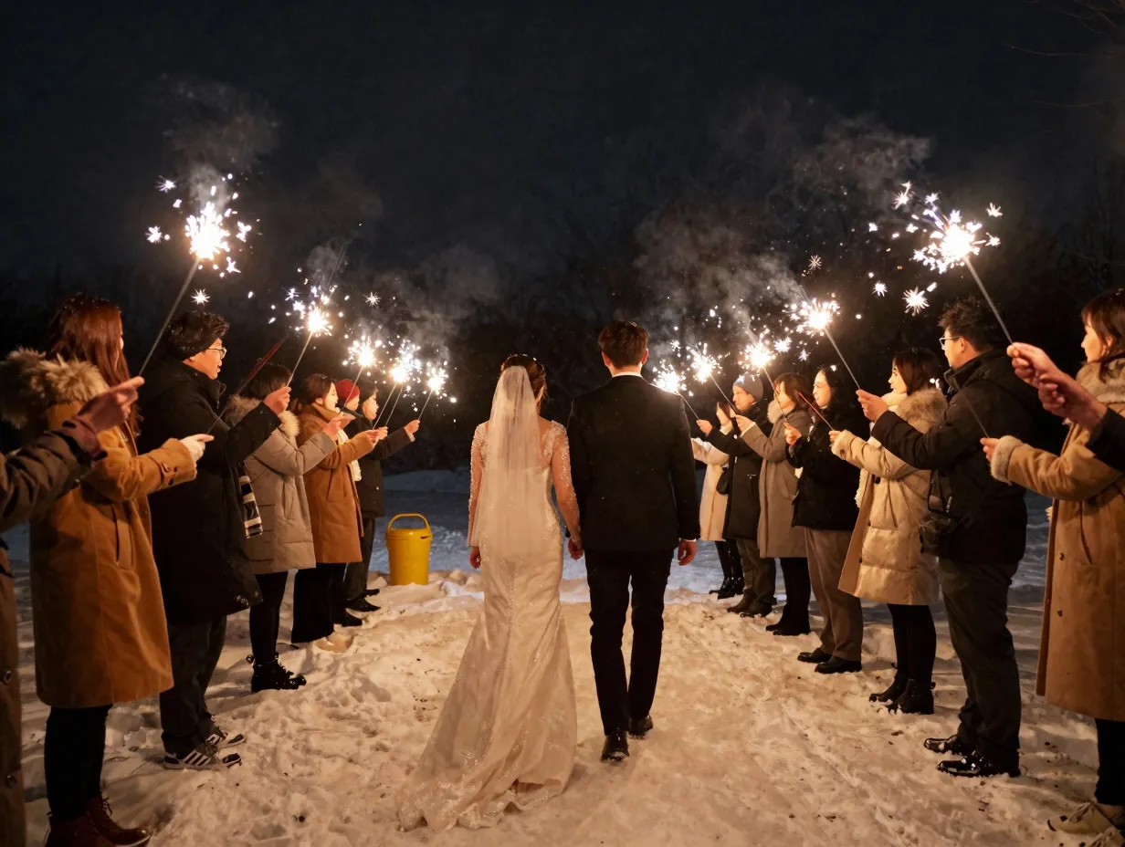 Sparkler send off with bride and groom under winter night sky