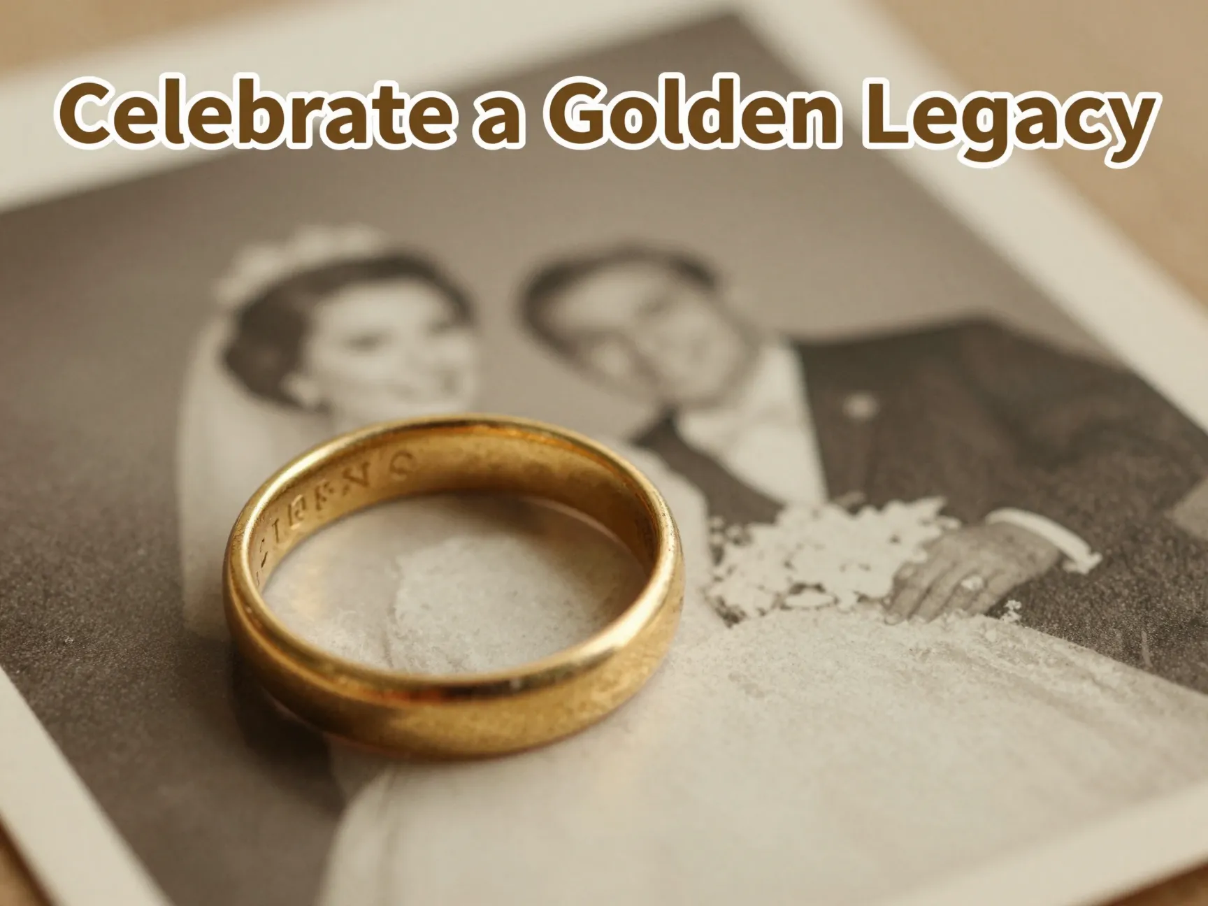 Vintage gold ring on old wedding photo macro close up warm light