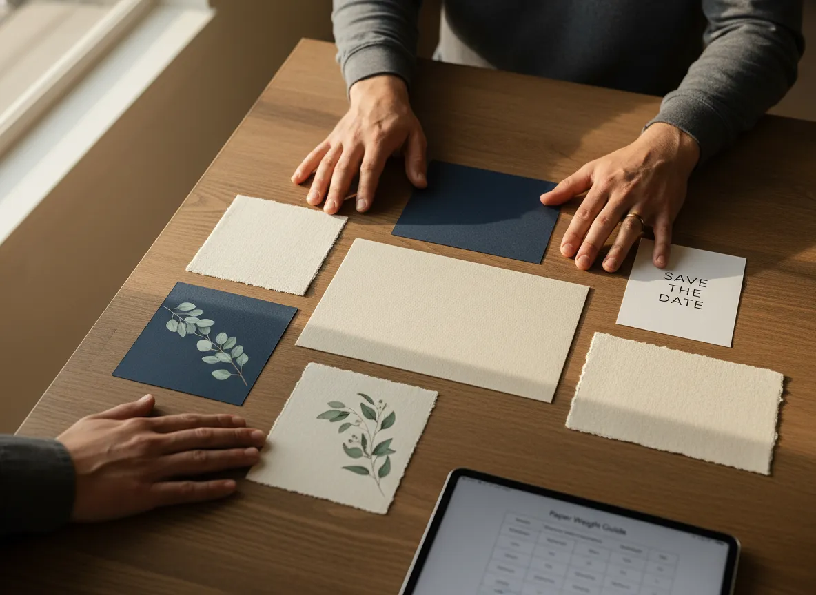 Couples review professional quality diy invitation paper stock samples side by side