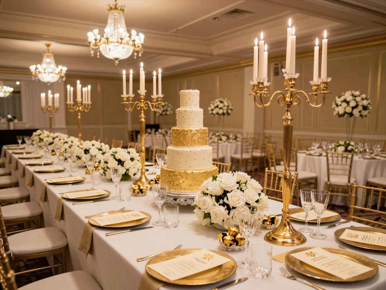 Golden gala ballroom with gold foil invitations candelabras and five tier cake