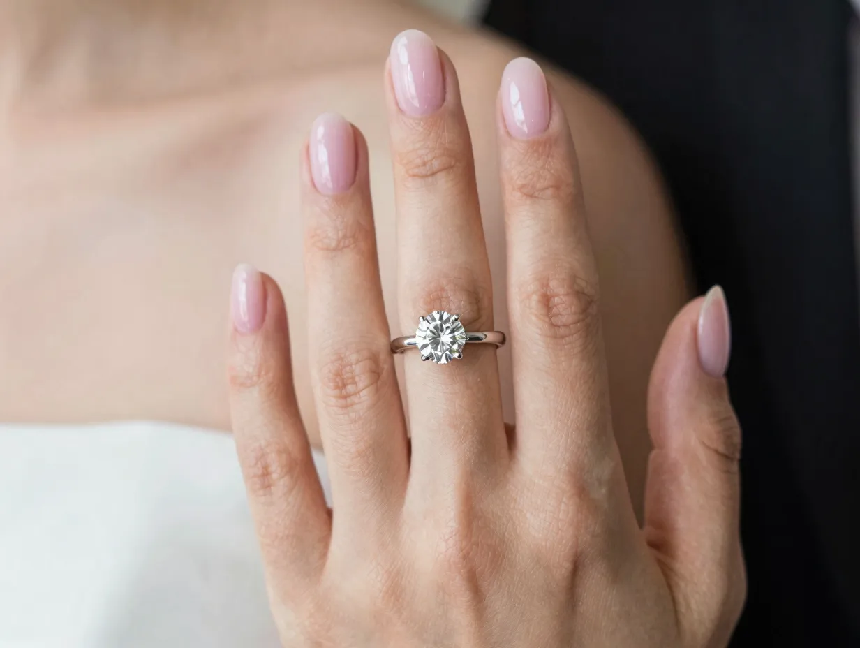 Soft pink oval nails on hand in elegant engagement portrait setting