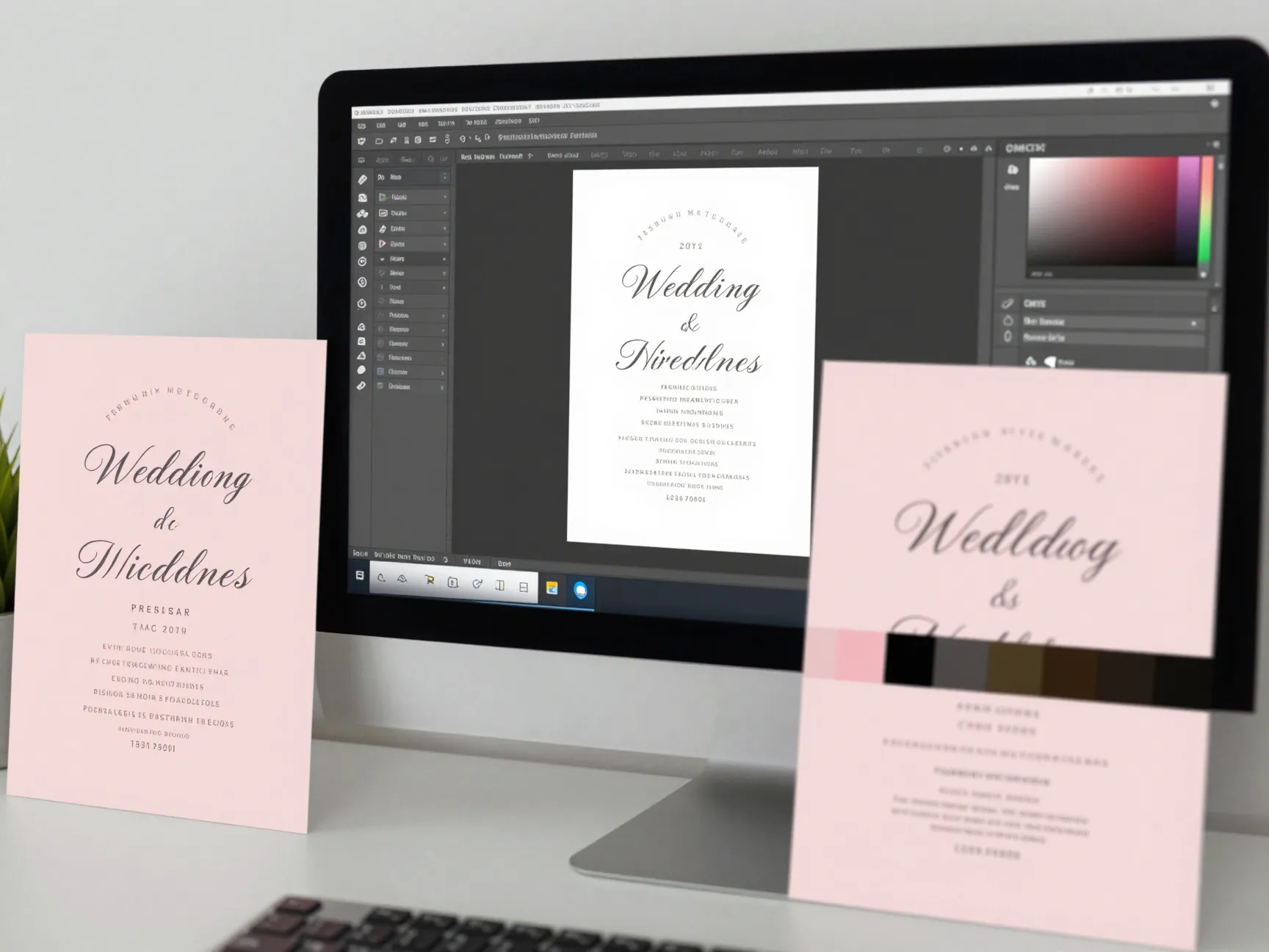 Calibrated monitor displays soft blush pink invitation design next to printed test