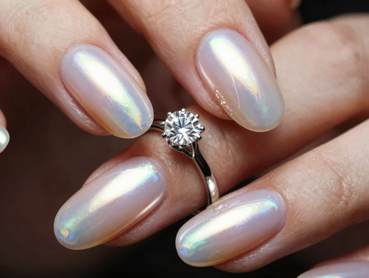 Mirror like pearl chrome nails with diamond ring in studio light