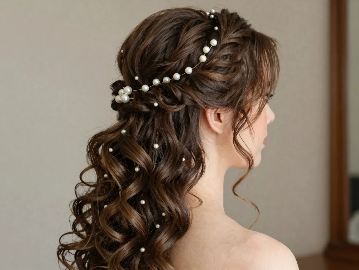 Twisted half up hairstyle with pearl accents and loose curls