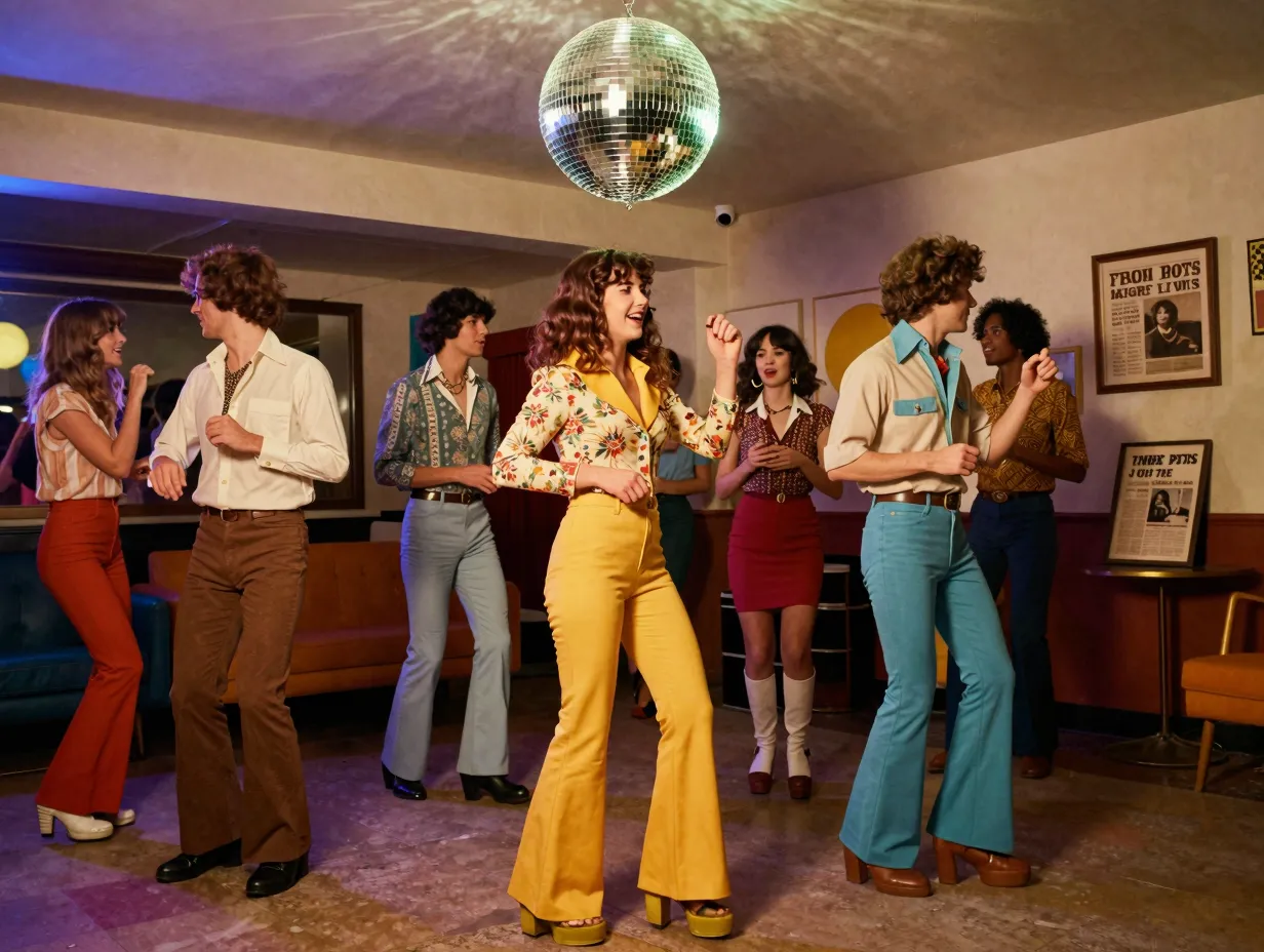 Vintage 1970s party with bell bottoms disco ball and retro decor