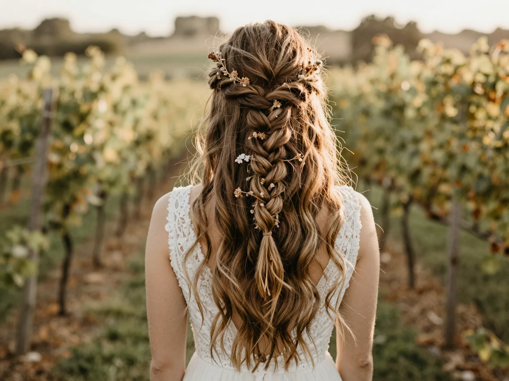 Boho fishtail braid half up hairstyle for an outdoor wedding