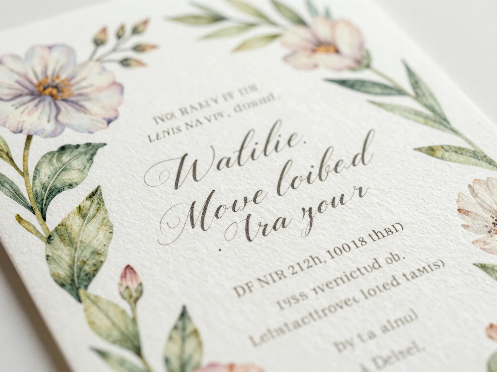 High resolution botanical illustration wedding invitation shows crisp detail on textured paper
