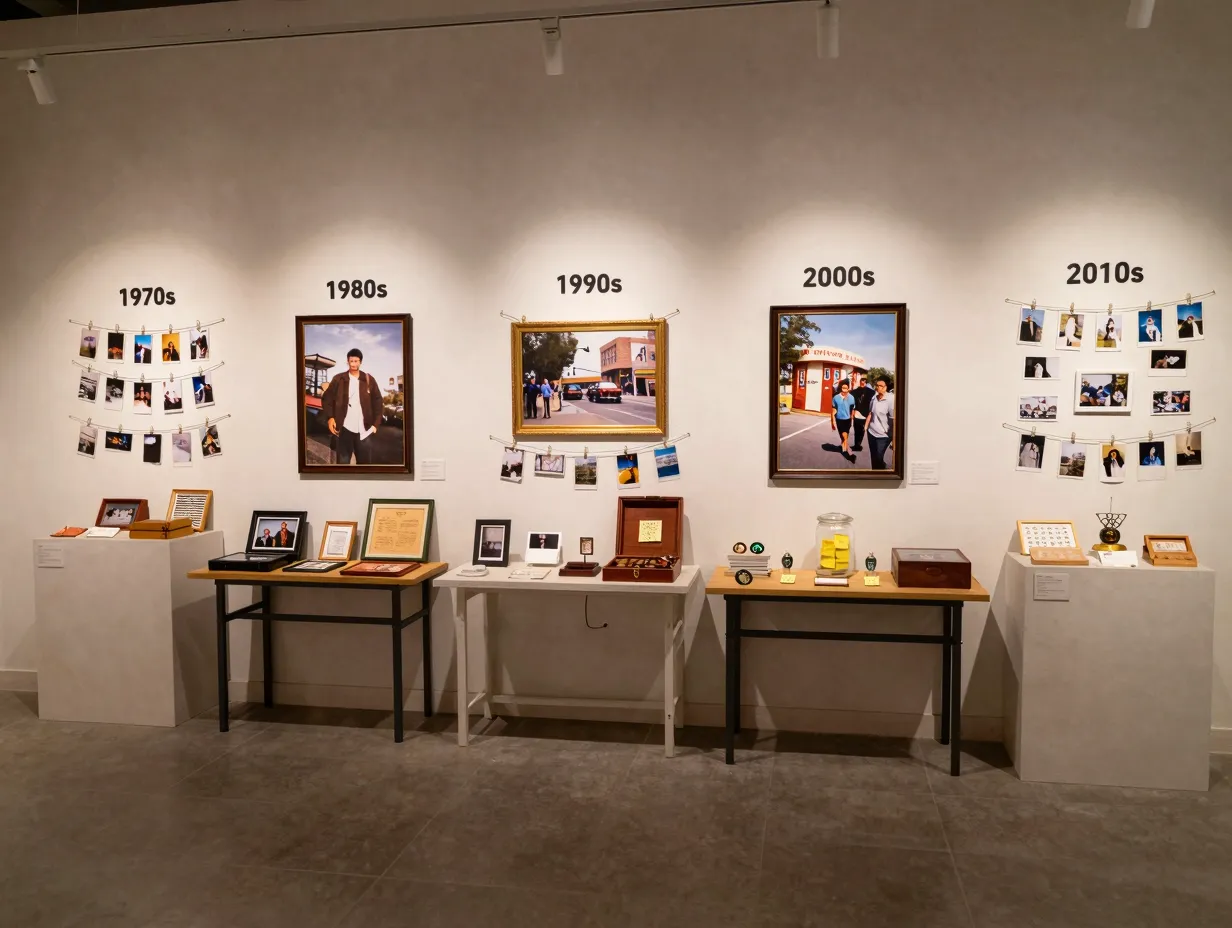 Memory lane exhibition with five decade stations and photo displays