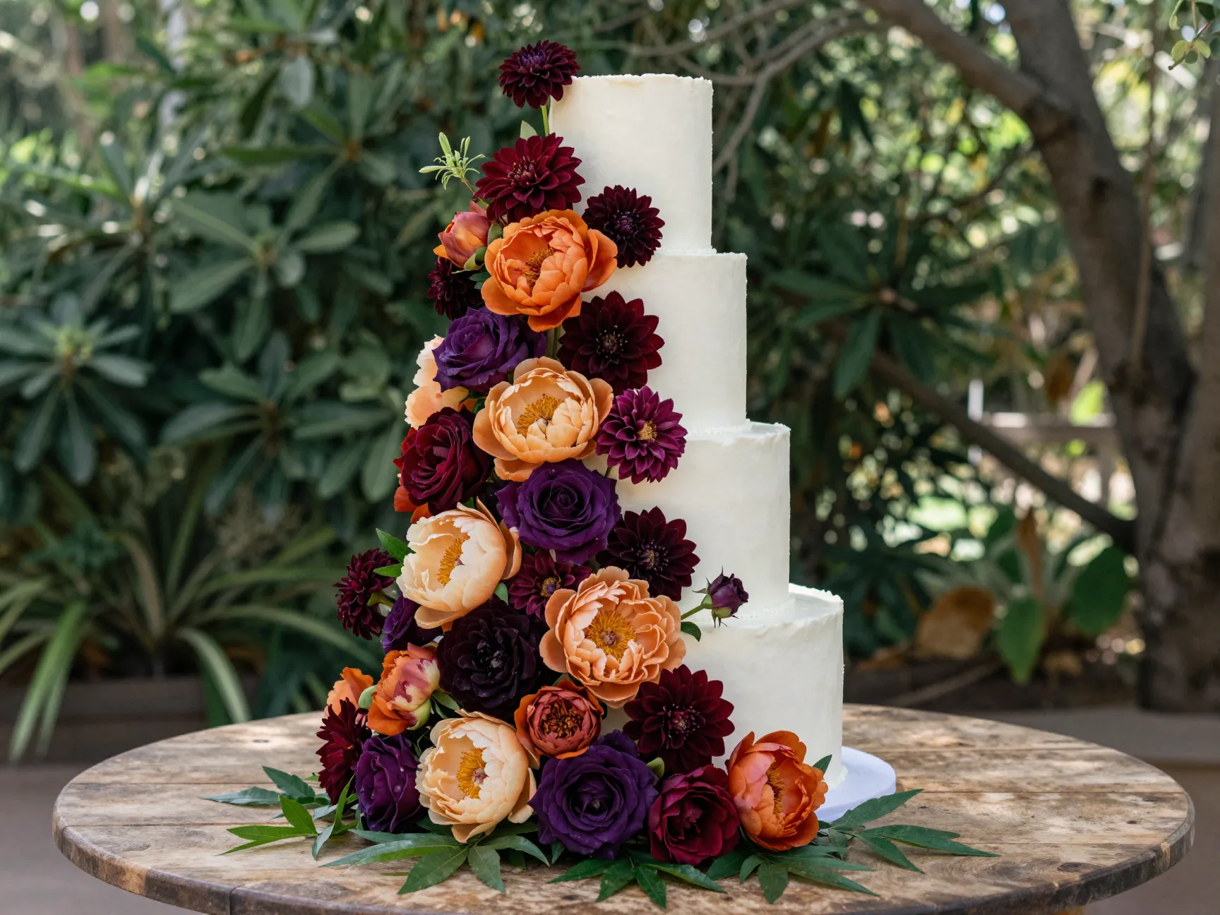 Statement floral cascade three tier wedding cake
