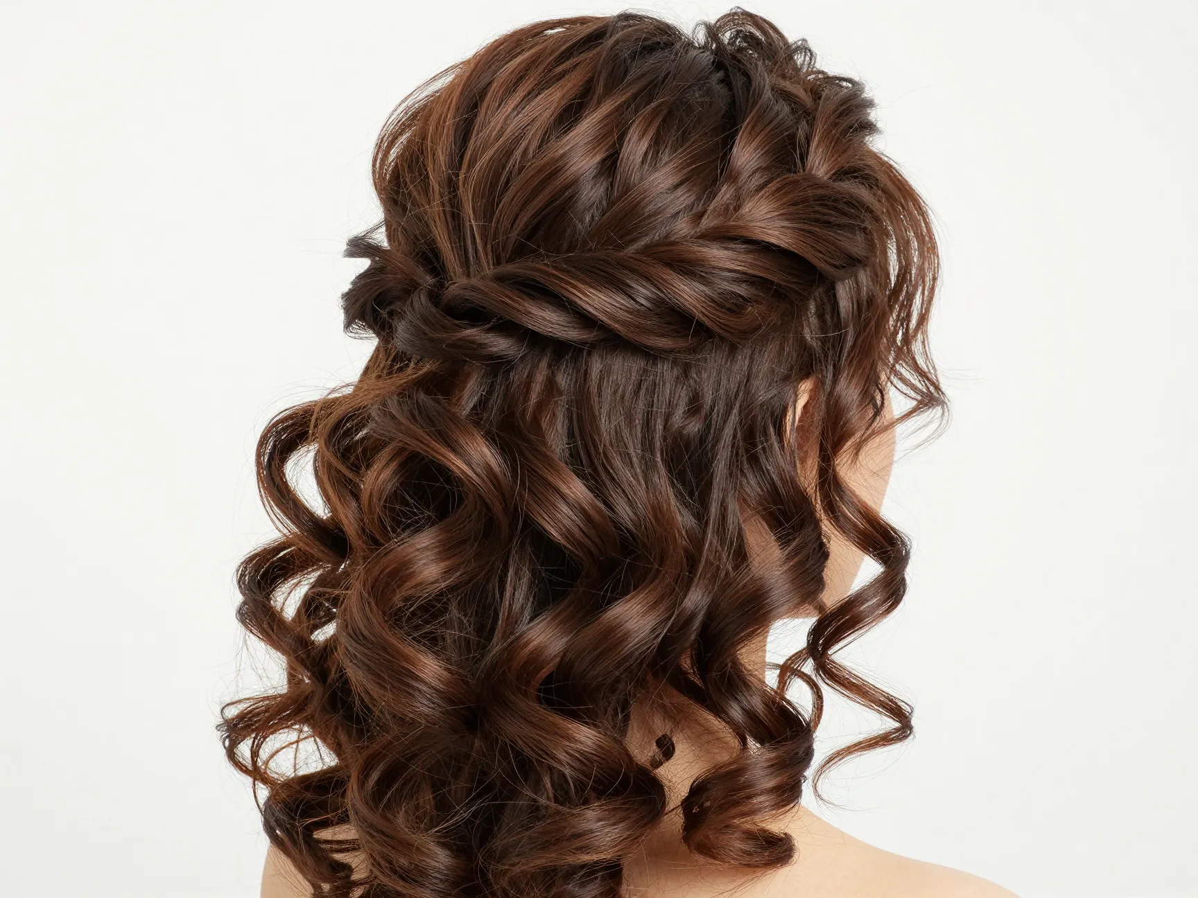 Voluminous half up hairstyle with defined barrel curls for fine hair