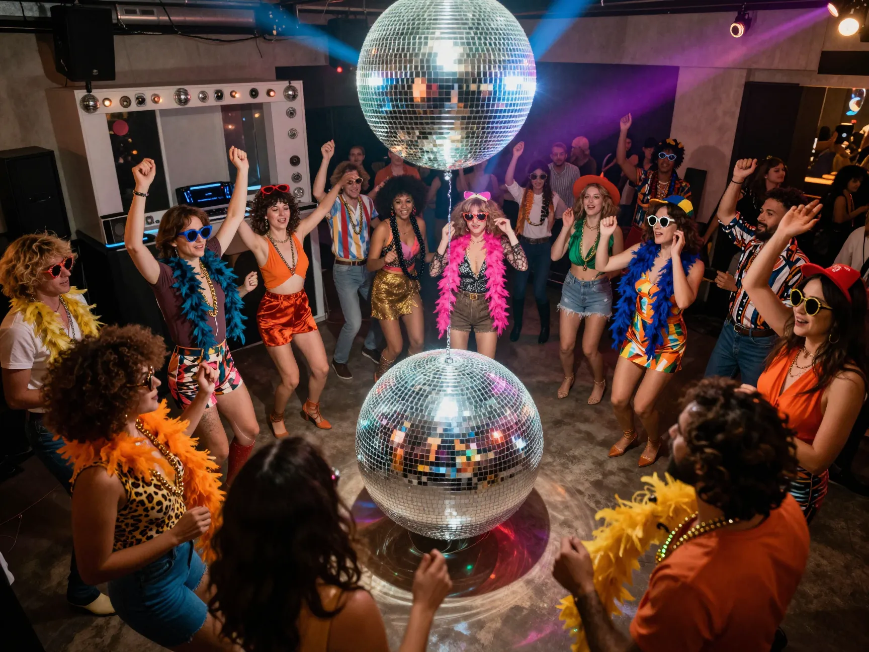 Disco dance floor with mirror ball guests in funky attire and photo booth